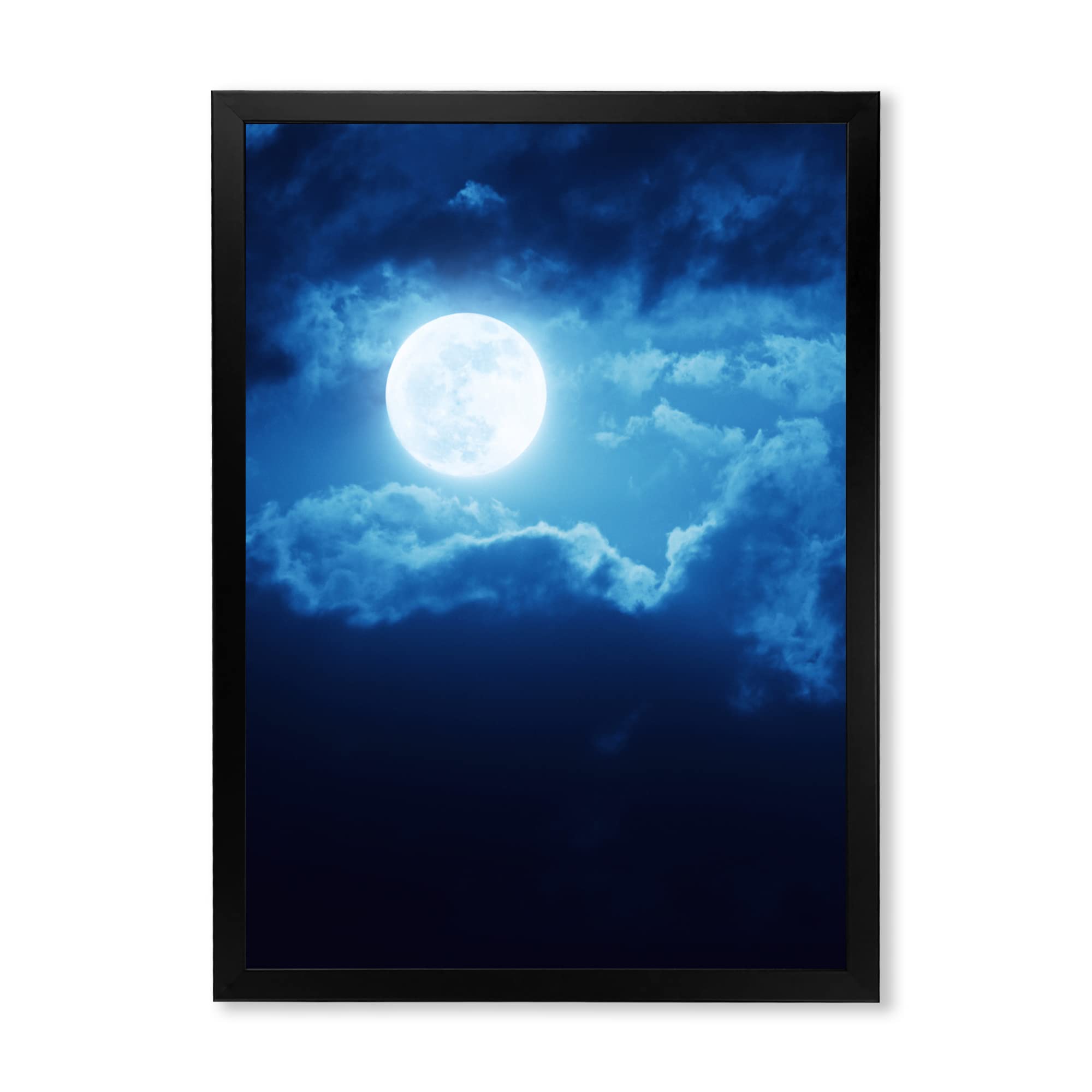 DesignQ Full Moon in Cloudy Night Sky III - Coastal Framed Wall Art Decor for Living Room, Bedroom & Office - Nautical Themed Home Decoration
