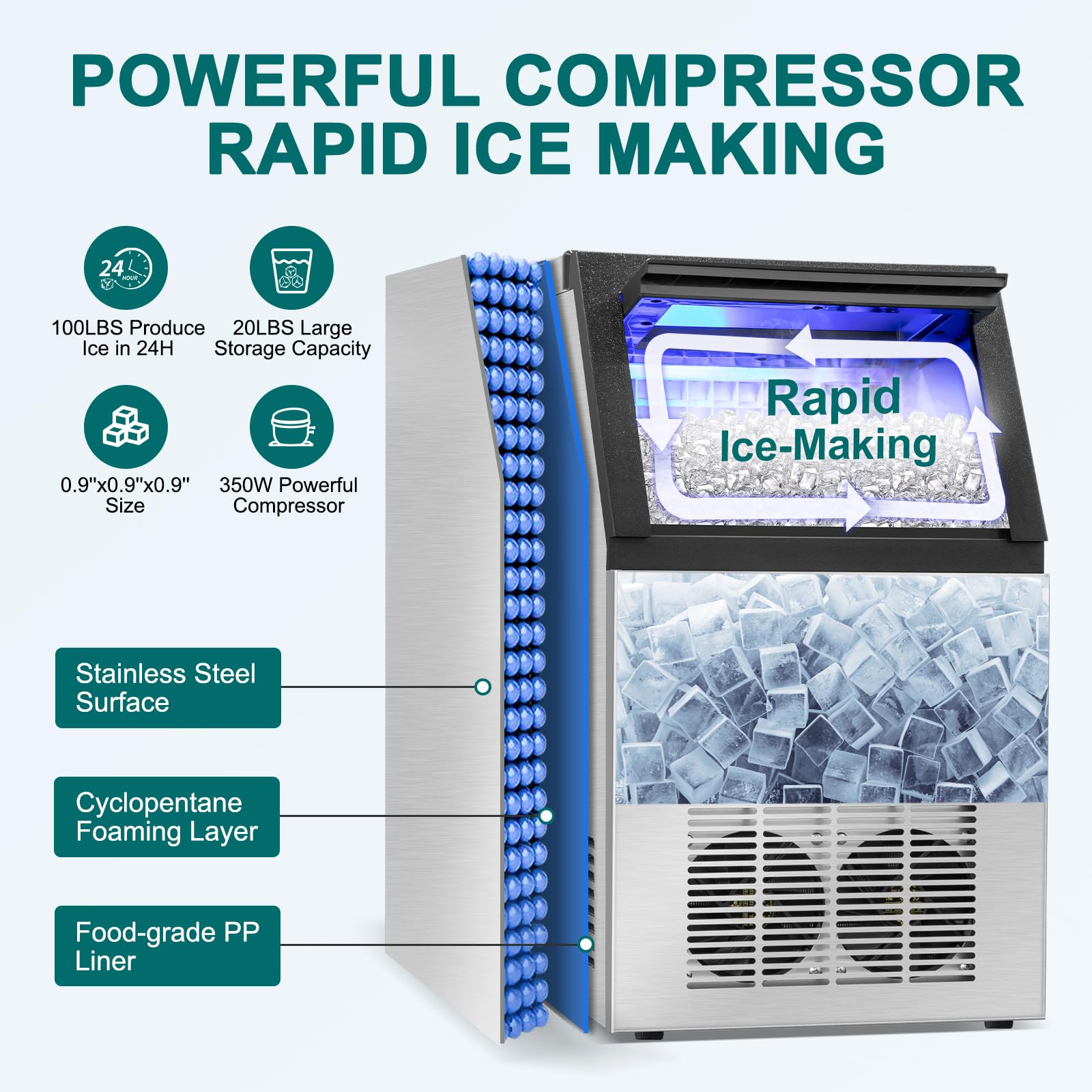 Commercial Ice Maker Machine 100Lbs/24H, 36Pcs Clear Ice Cubes in 11-20Mins, Stainless Steel Undercounter Ice Machine with 23Lbs Storage - Perfect for Home Bars, Parties, Restaurants & Offices - 2 Way Water Supply System