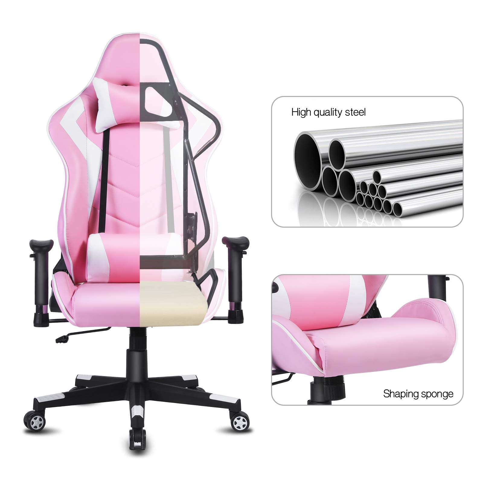 Modern-Depo Ergonomic High-Back Swivel Gaming Chair - Racing Style Recliner with Adjustable Headrest & Lumbar Support - Pink & White Office Desk Chair for PC Gaming, Streaming & Home Workspace