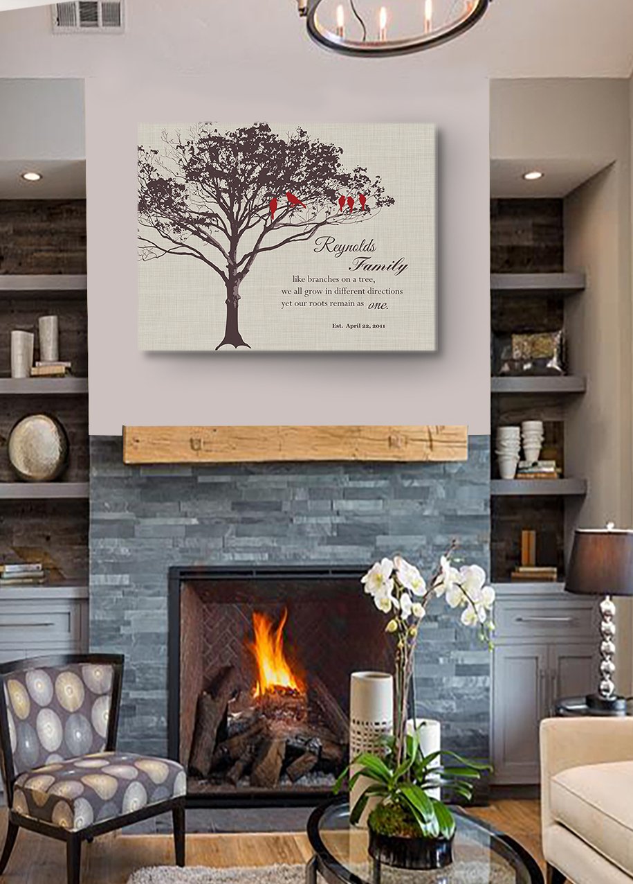 Custom Family Tree Canvas Wall Art with Romantic Lovebirds & Inspirational Quote - Personalized Anniversary Gift for Parents & Grandparents - Ivory Home Decor (30