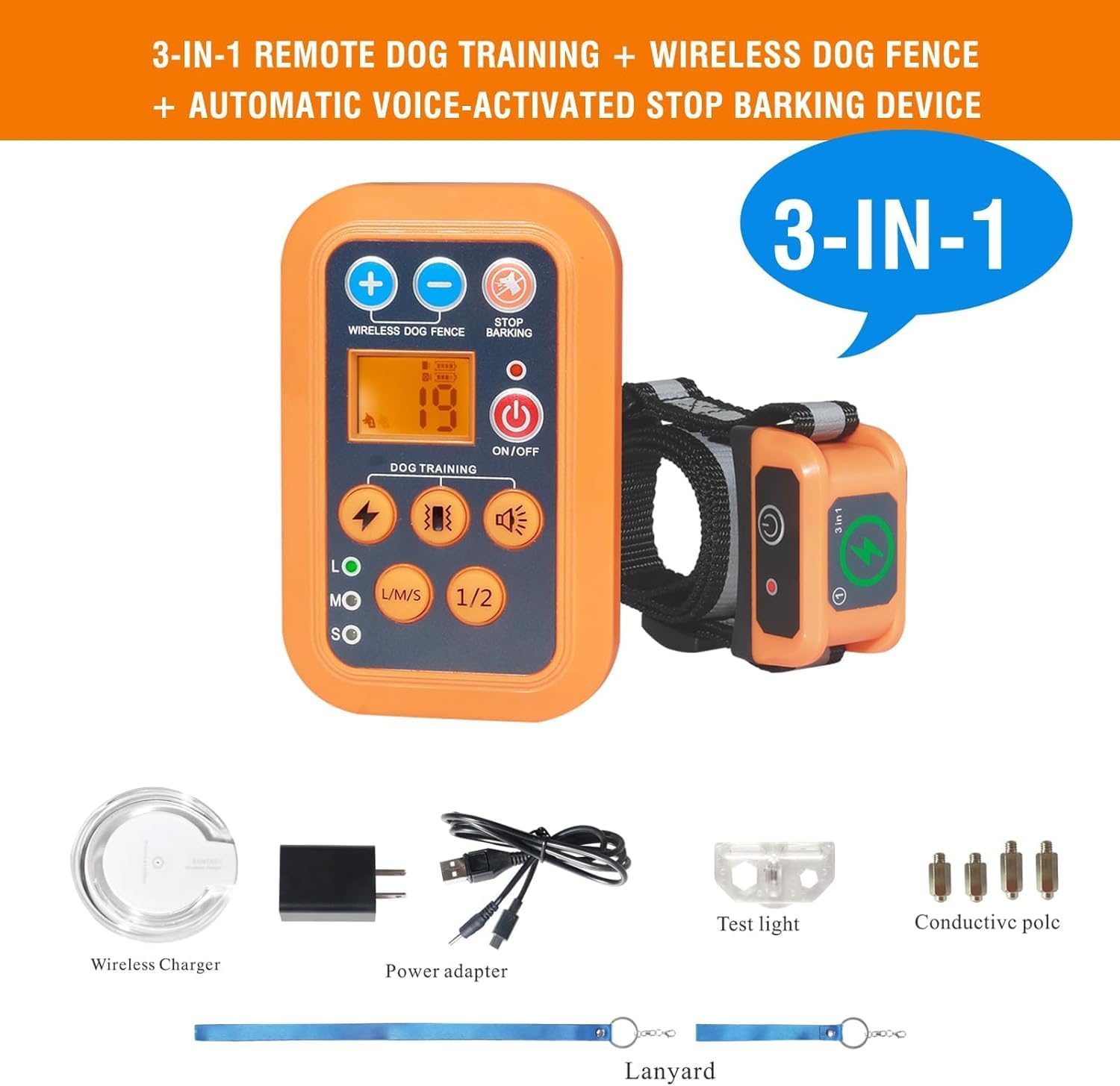 3-in-1 Wireless Dog Fence System with Remote Training Collar - Automatic Bark Control, Electric Containment & Waterproof Design | Perfect for Backyard Security, Dog Training & Noise Reduction