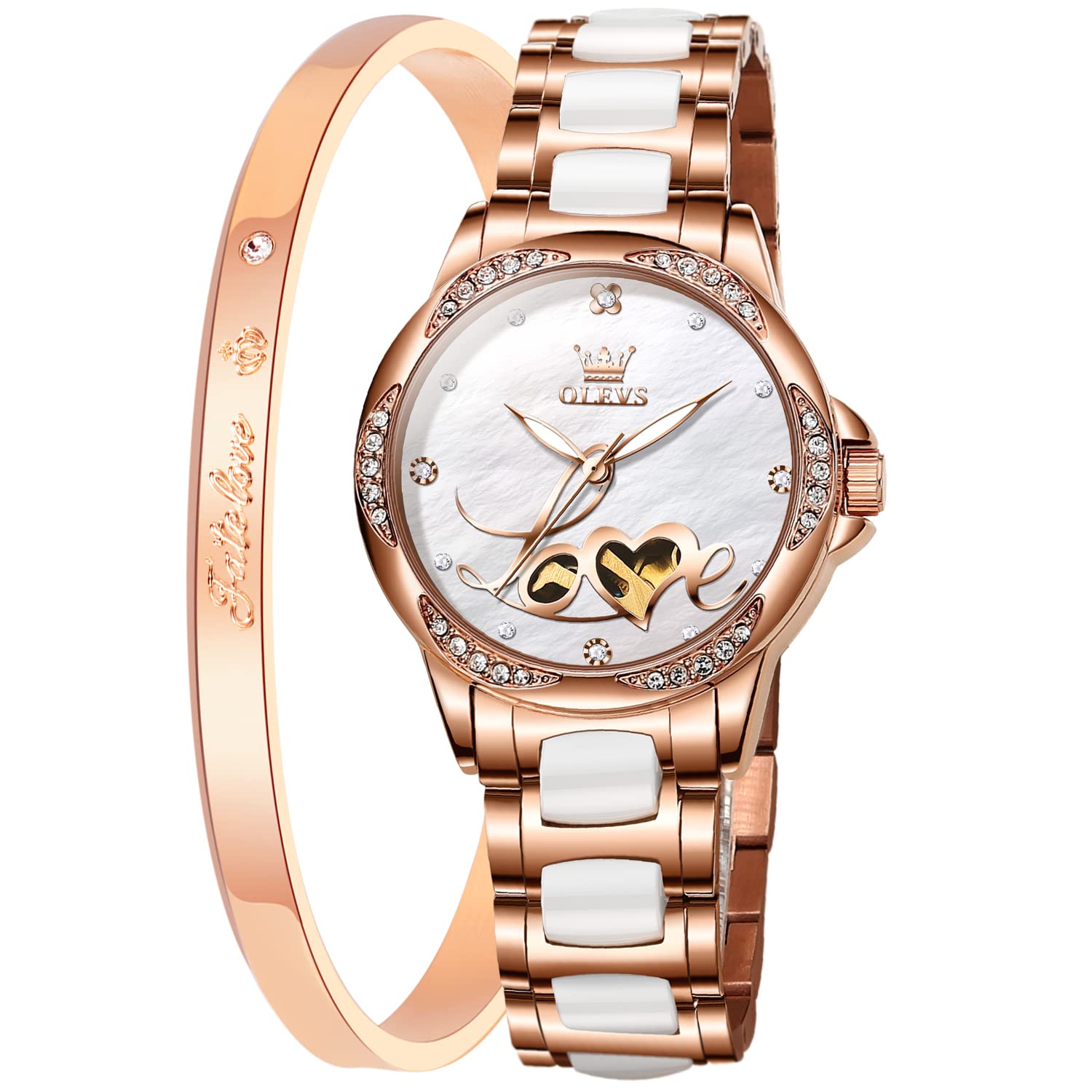 OLEVS Automatic Women's Watch - Luxury Self-Winding Mechanical Ladies Wristwatch with Ceramic Strap, Waterproof & Diamond Accents - Perfect for Business, Gifts & Special Occasions