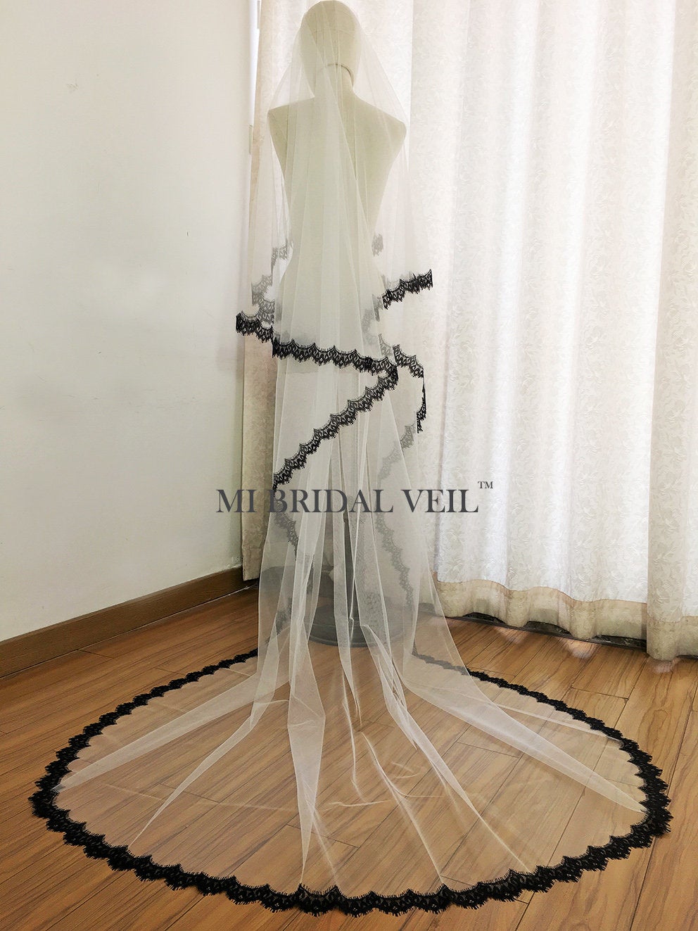 Elegant Black Chantilly Lace Mantilla Wedding Veil - Cathedral Length Bridal Veil for Romantic Weddings & Formal Events | Perfect for Vintage, Gothic, or Spanish-Themed Ceremonies