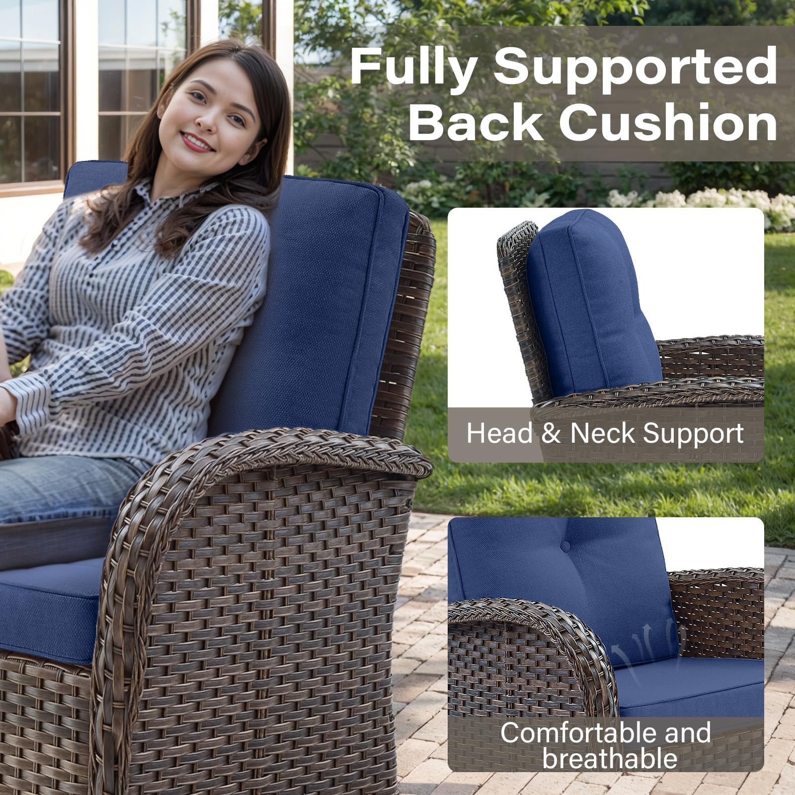 PE Wicker Patio Swivel Glider Chair with Cushions - Outdoor Rocking Chair for Porch, Deck & Balcony - Brown Wicker with Blue Cushion - Perfect for Relaxing, Sunbathing & Entertaining Guests