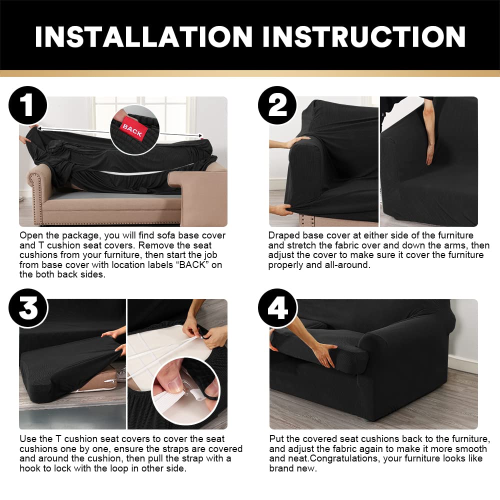 PrinceDeco 2-Piece Stretch Armchair Slipcover Set with T-Cushion Cover - Soft Furniture Protector for Living Room, Bedroom & Office - Machine Washable Black Chair Covers for Comfort & Style
