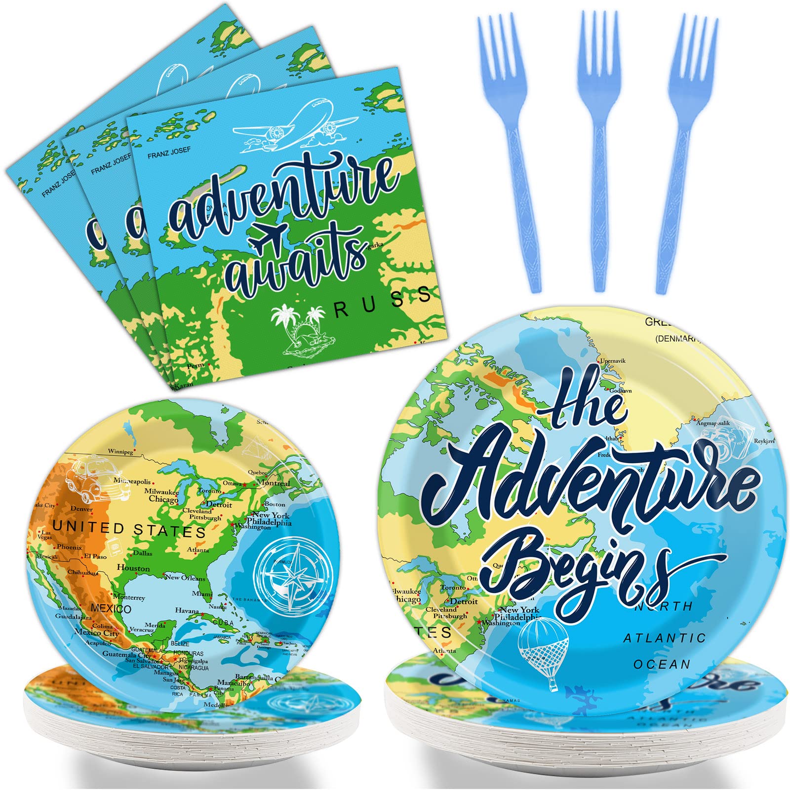 96 Pcs Adventure Themed Party Supplies Set - Travel Map Plates, Napkins, Forks for Birthday, Retirement, Bon Voyage Parties - World Explorer Tableware Decor for 24 Guests - Perfect for Travel-Themed Events, Farewell Gatherings & Vacation Sendoffs