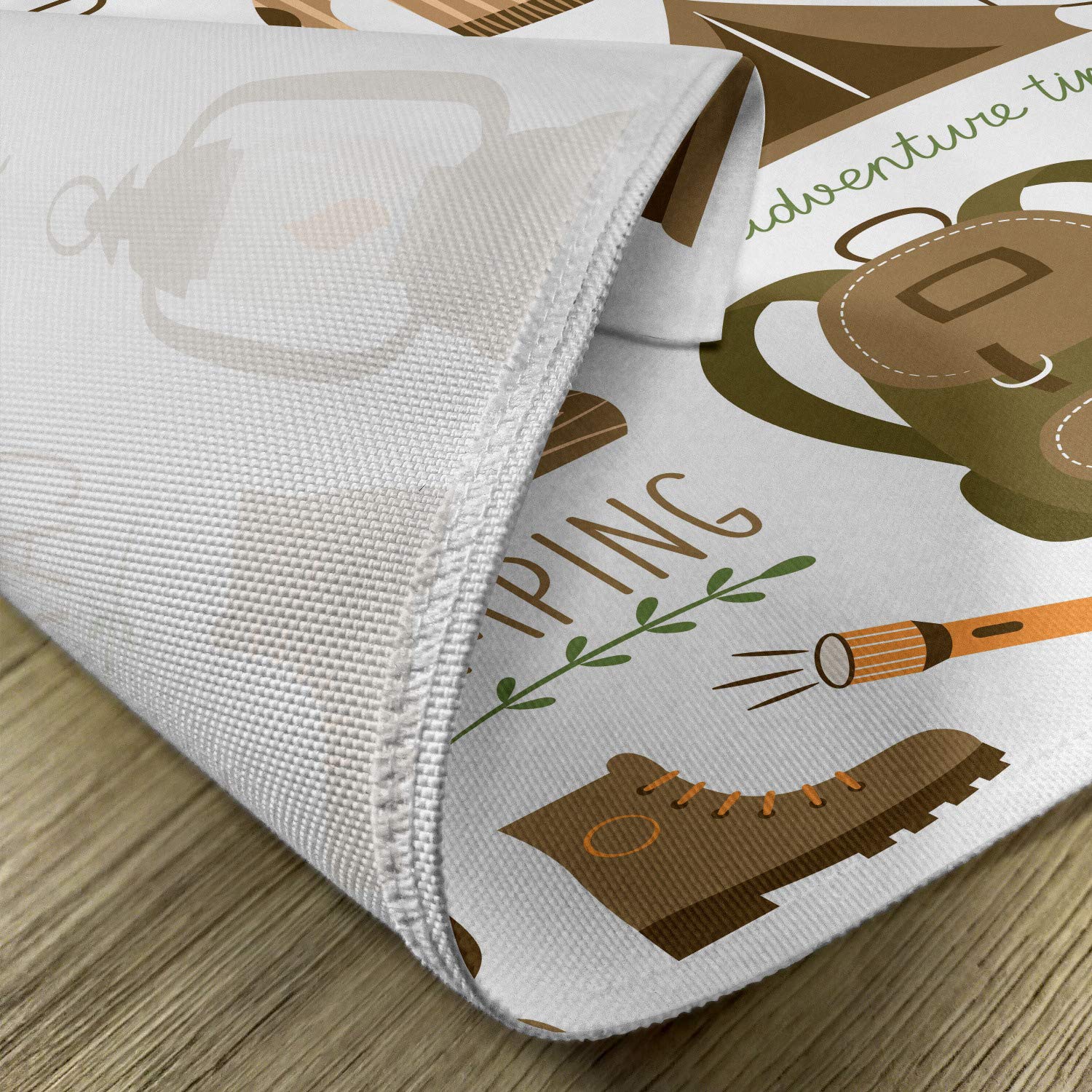 Ambesonne Adventure-Themed Place Mats Set of 4 - Camping Equipment Design with Sleeping Bag, Boots & Campfire Tools - Washable Fabric Table Mats for Dining - Standard Size (White & Khaki) - Perfect for Outdoor Enthusiasts & Cabin Decor