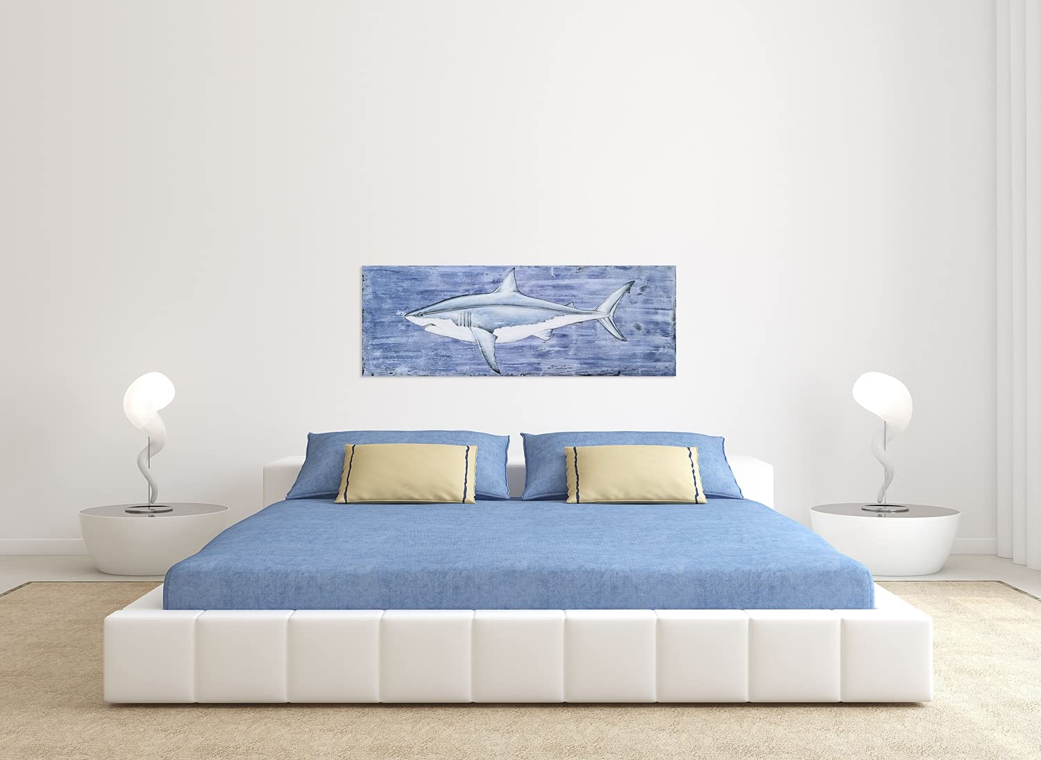 Hand Painted Coastal Canvas Wall Art - Modern Abstract Blue & White Fish & Shark Paintings - Textured Contemporary Ocean Themed Decor for Living Room, Bedroom, Bathroom - Perfect for Beach House, Office & Nautical Interior Design