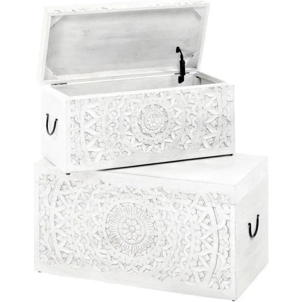 2-Piece Set of White Rectangular Storage Trunks - Perfect for Home Organization, Closet Storage & Travel Luggage