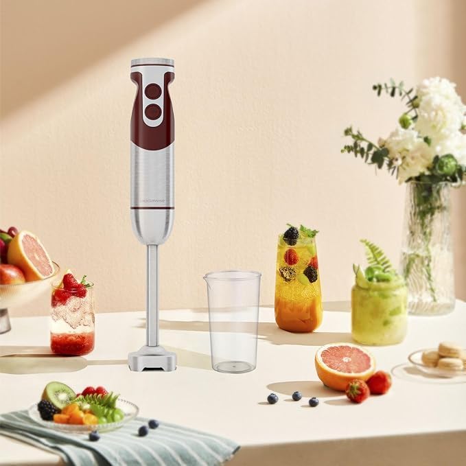 MegaWise 400W 5-in-1 Variable Speed Immersion Hand Blender Set - Stainless Steel Stick Blender with Chopper, Whisk, Milk Frother & Measuring Cup - Perfect for Making Soups, Smoothies, Baby Food, Sauces & Baking - Professional Kitchen & Home Cooking Essentials (Red)