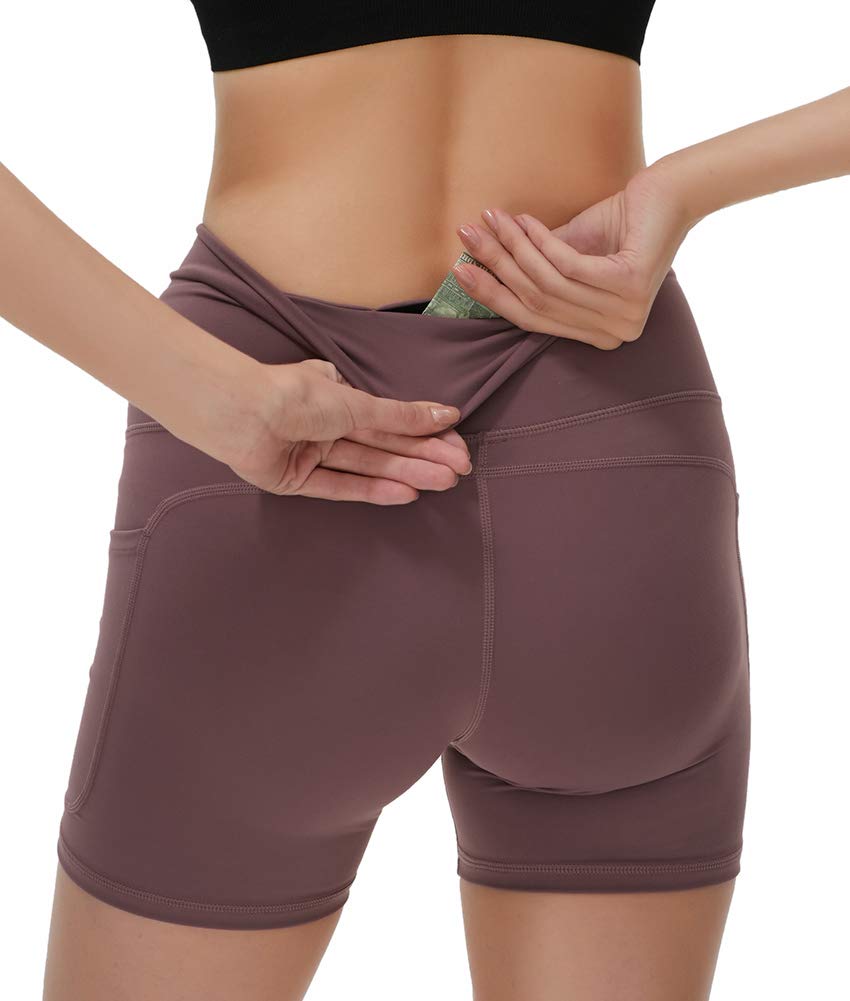 YAKER High Waist Yoga Shorts for Women - 2 Side Pockets & Waistband Pocket - Tummy Control Workout Shorts for Running, Home Exercise & Yoga