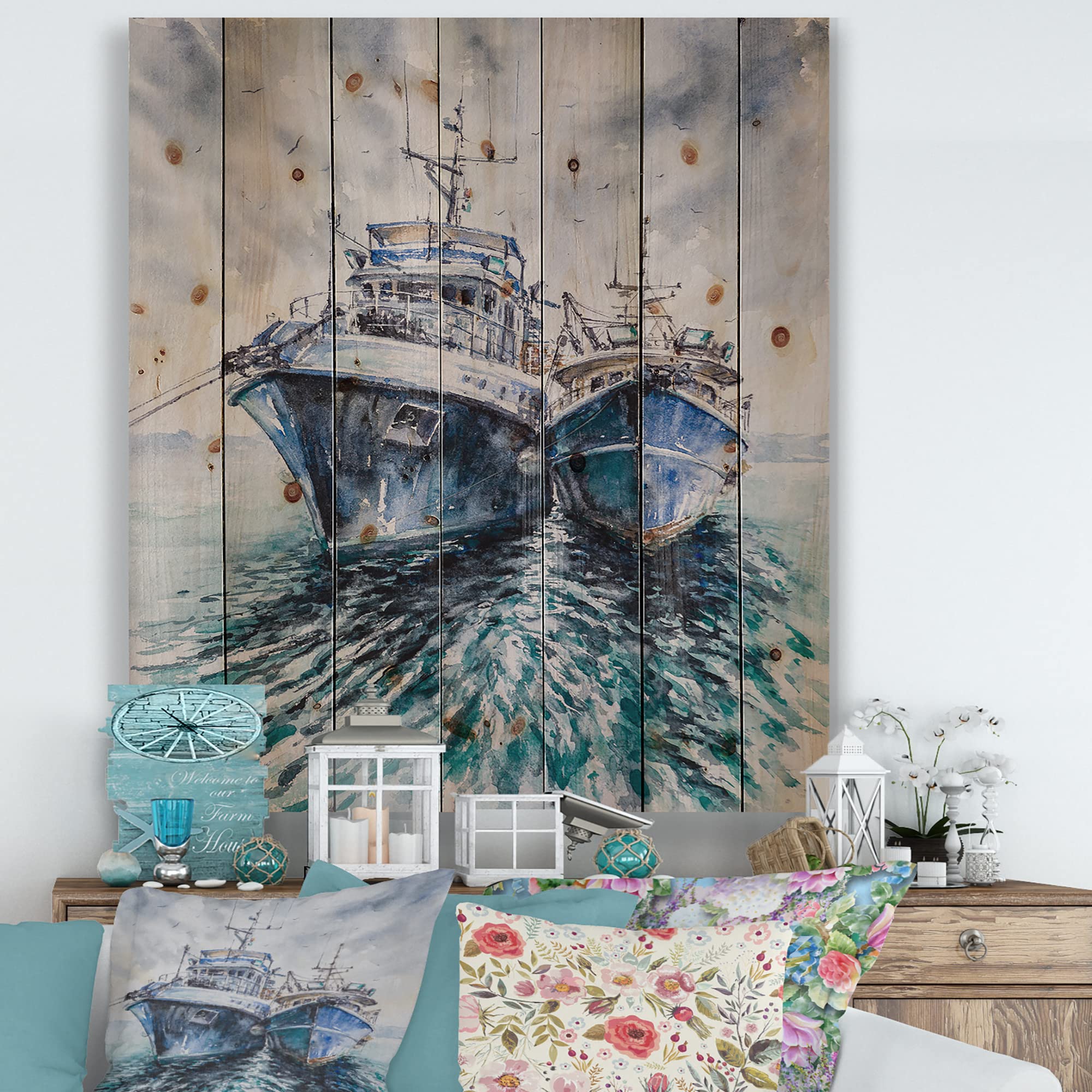 DesignQ Two Fishing Boats Before A Storm - Nautical Coastal Wood Wall Art Decor, Blue Beach Wood Wall Panels Printed on Natural Pine - Perfect for Living Room, Bedroom or Beach House Decoration