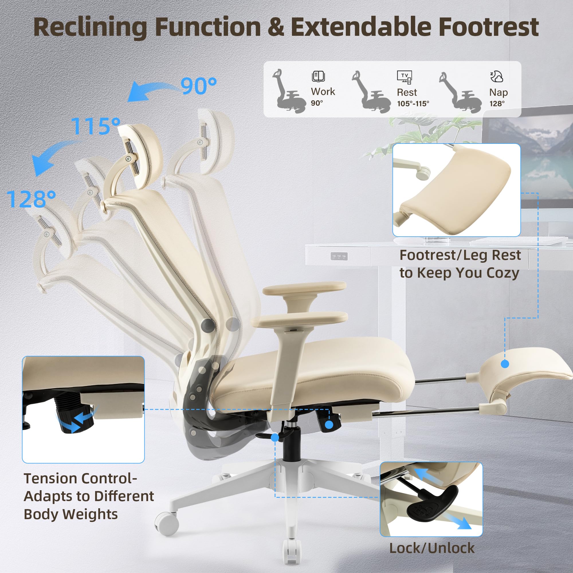 Ergonomic Foldable Office Chair with Adjustable Lumbar Support, Headrest & Foot Rest - Space Saving Home Office Desk Chair for Work from Home (Cream) | Perfect for Small Spaces, Remote Work & Compact Home Offices