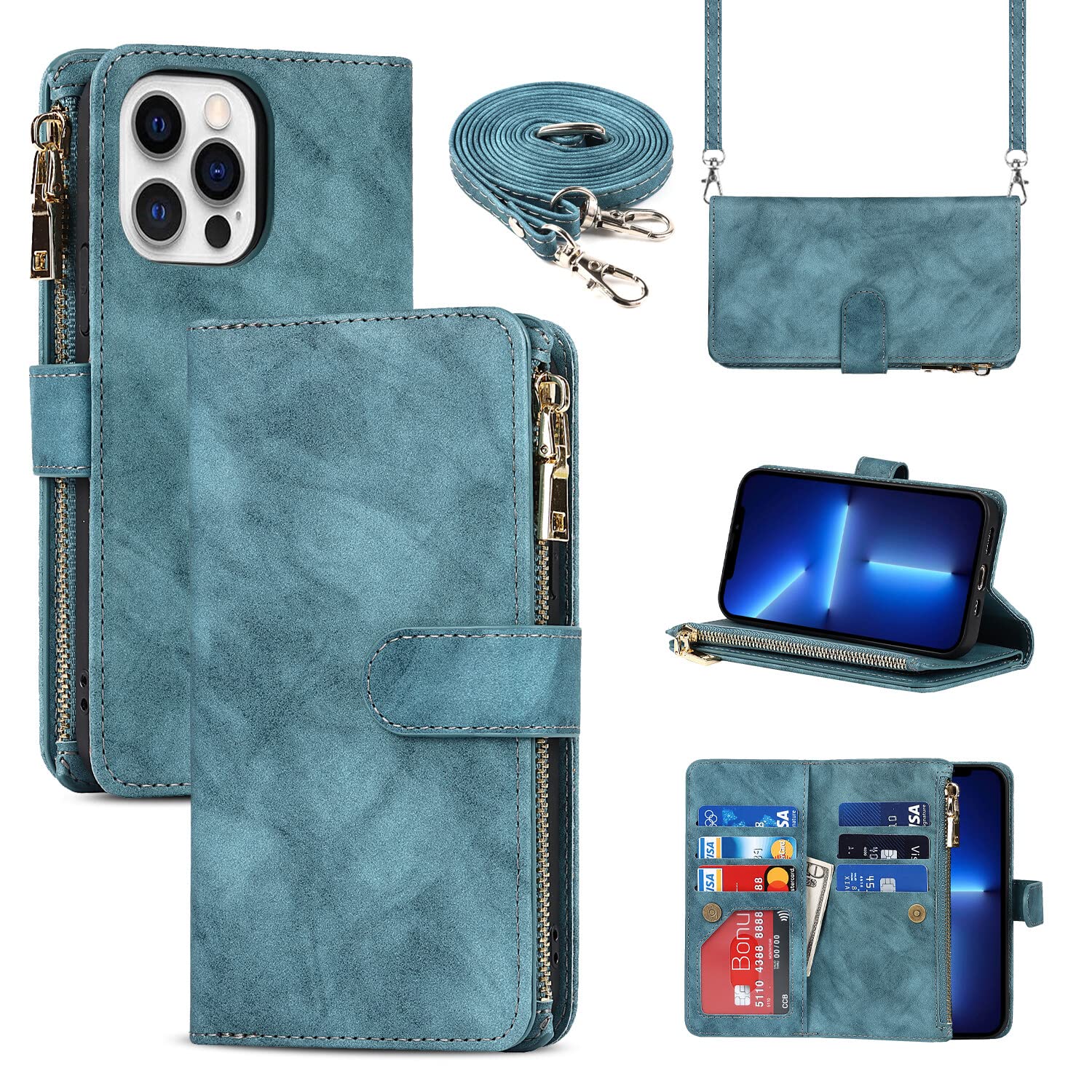 Premium Leather Magnetic Wallet Case for iPhone 13 Pro - Crossbody Strap & Stand Function, Card Holder, Protective Cover (Light Blue) | Perfect for Travel, Work & Everyday Use