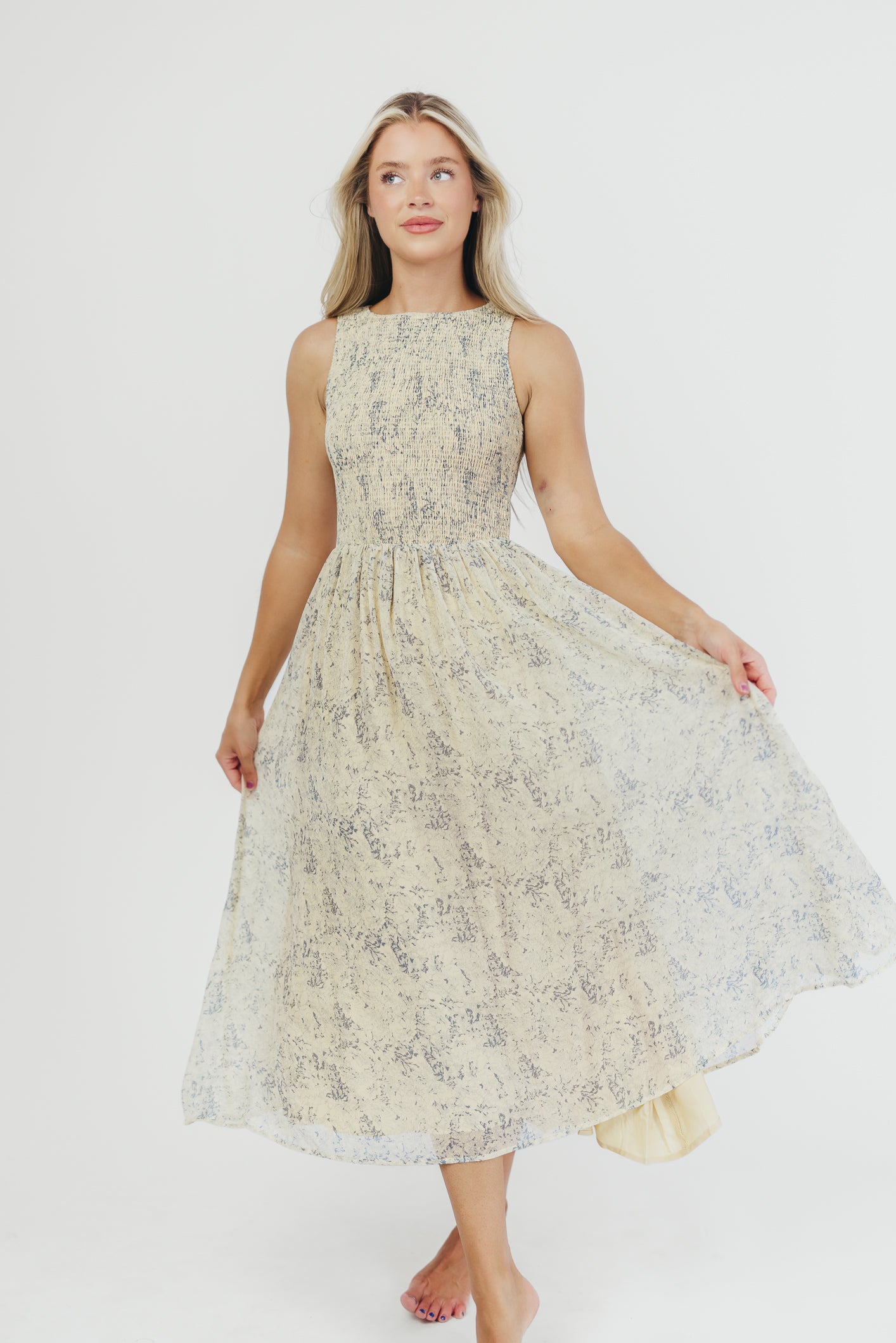 Alaina Floral Print Smocked Midi Dress - Blue Multi Color Summer Dress for Women | Perfect for Beach Vacations, Garden Parties & Casual Outings