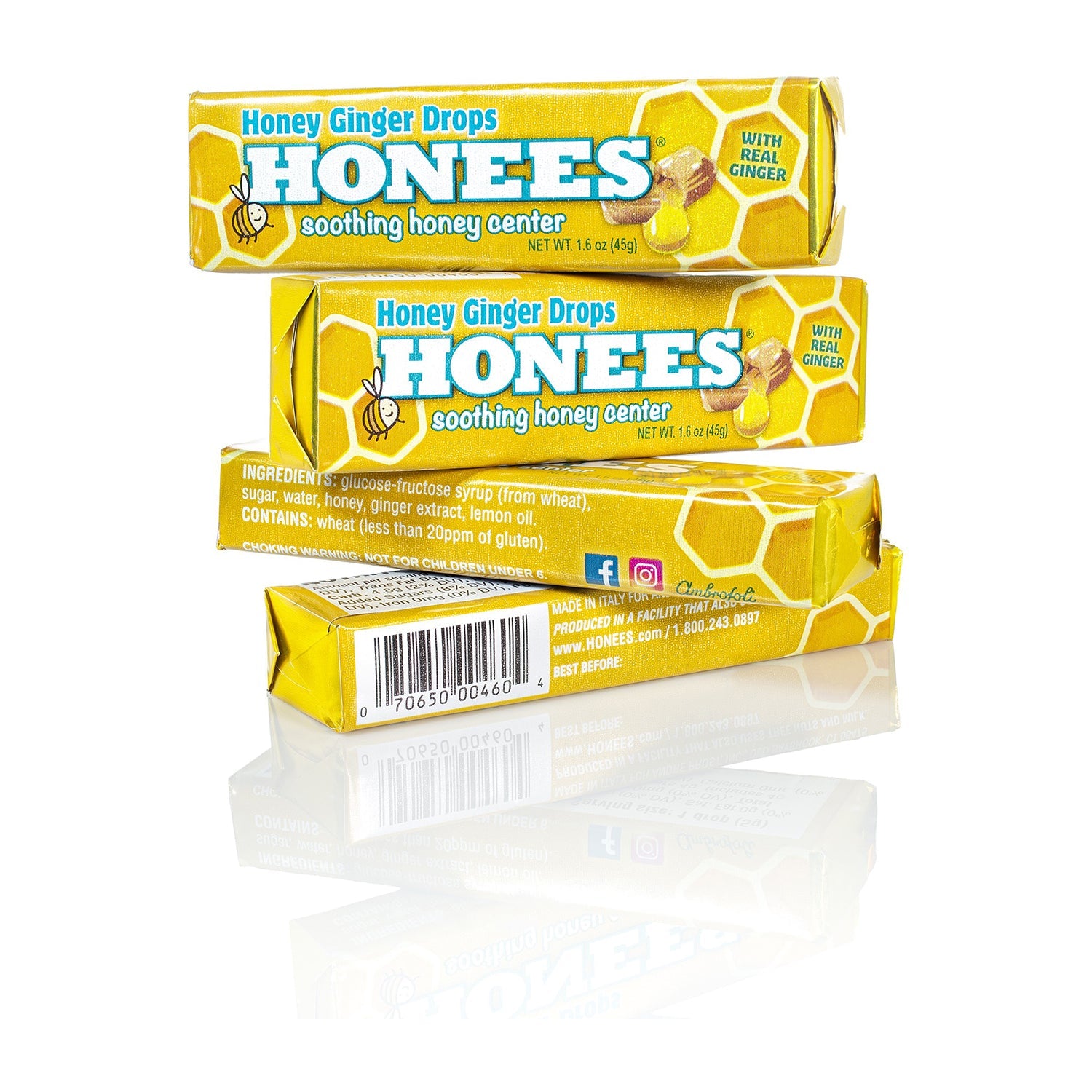 Honees Honey Ginger Drops Bar - 1.6oz (24 Count) - Natural Sore Throat Relief & Cough Drops for Adults & Kids - Perfect for Travel, Work & Home Use