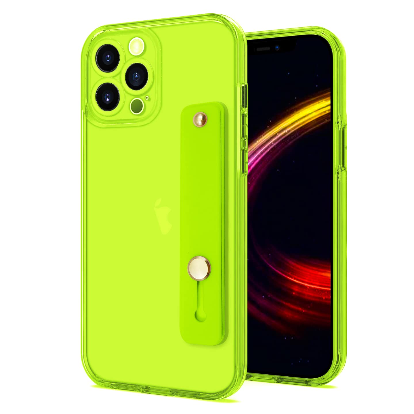 Omio Clear TPU Silicone Shockproof Case for iPhone 12 Pro Max - Slim Protective Cover with Wristband Grip & Stand, Fluorescent Neon Green Design - Perfect for Women & Girls (Ideal for Daily Use, Gym, Travel & Outdoor Activities)