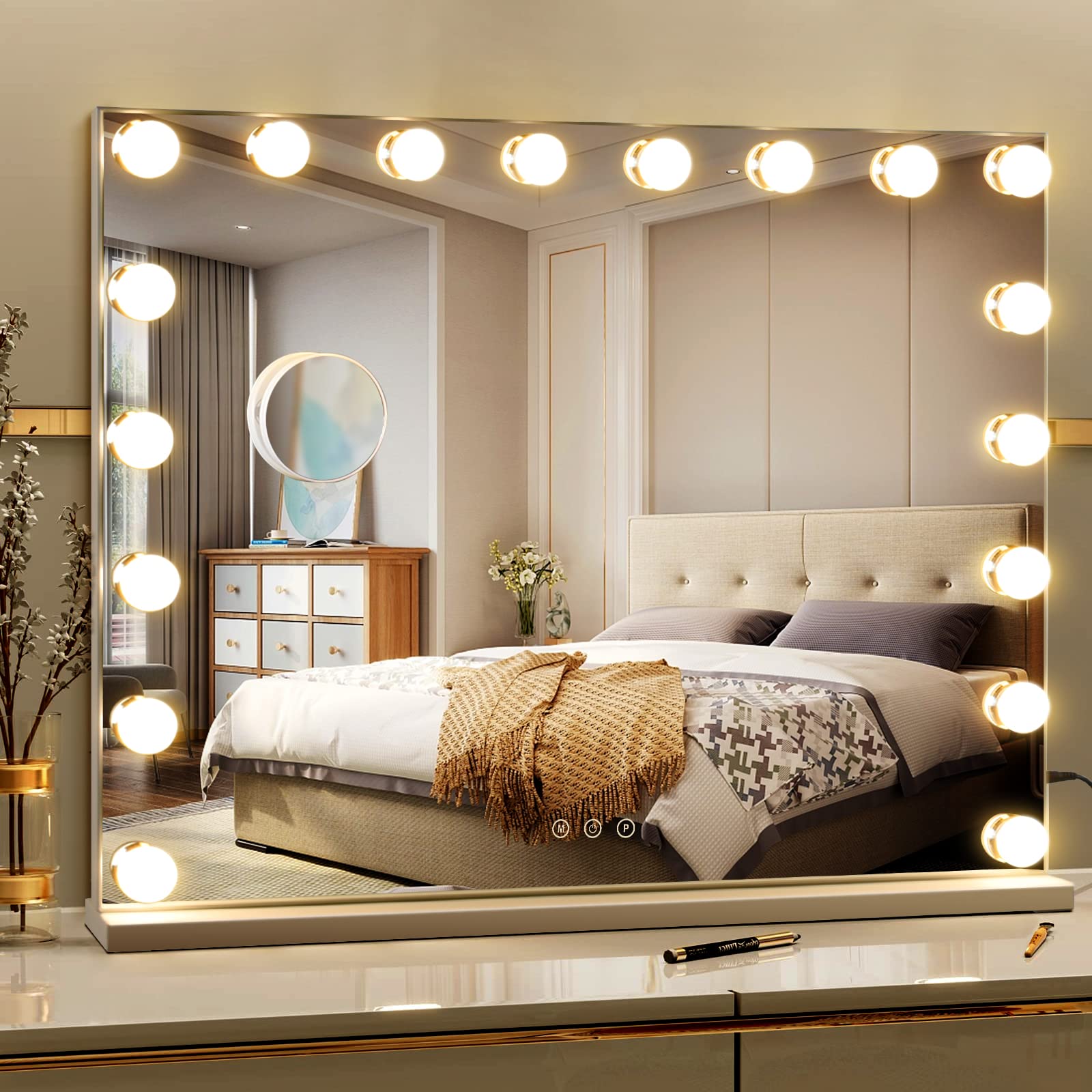 28x22 Inch Hollywood Vanity Mirror with Lights - 18 Dimmable LED Bulbs, 3 Color Modes & Touch Control, Makeup Mirror for Bedroom, Bathroom & Dressing Room - Perfect for Makeup Application, Skincare Routine and Selfie Lighting