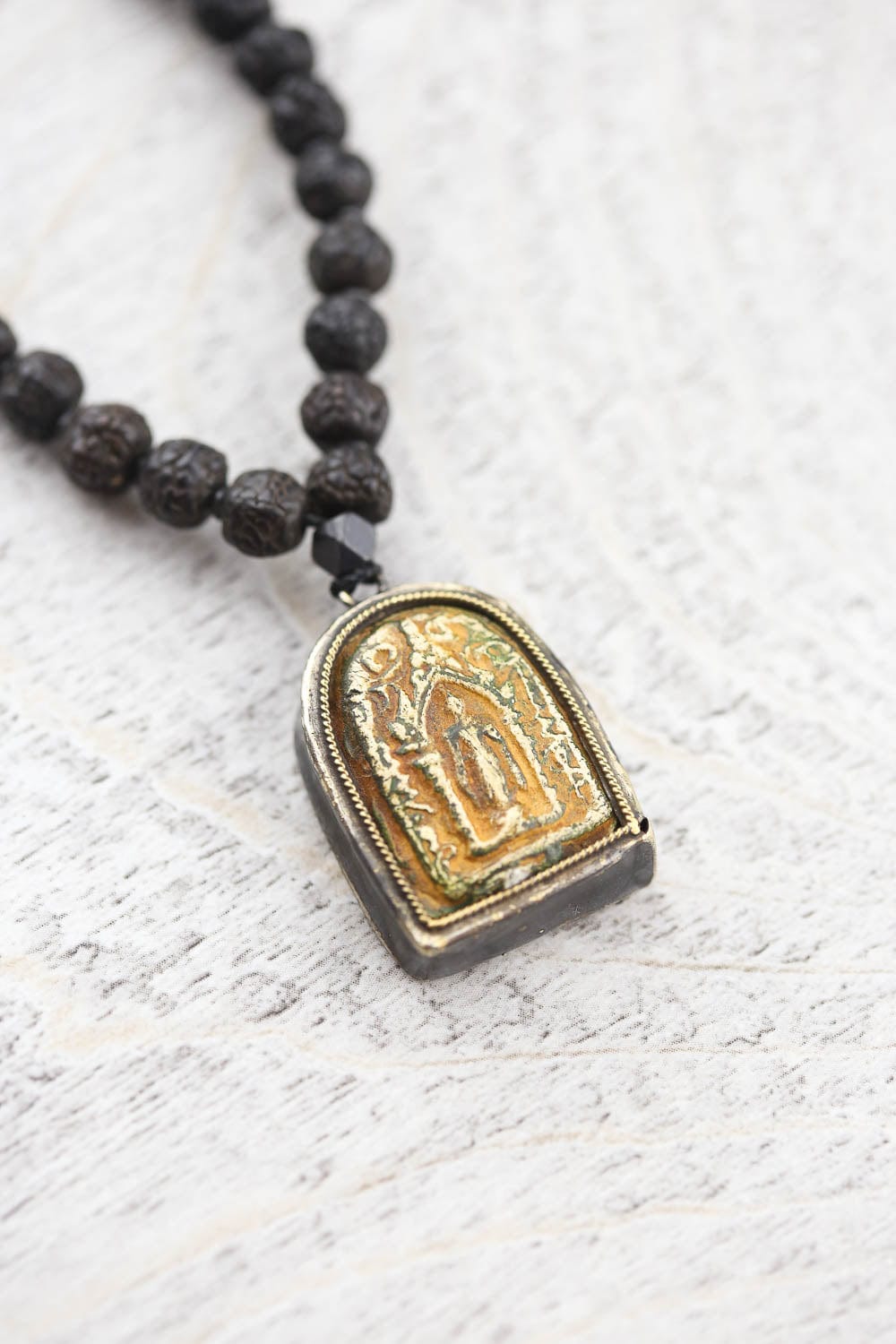 Authentic Aged Dark Rudraksha Mala & Vintage Thai Buddhist Amulet - Spiritual Protection, Meditation & Good Luck Charm for Yoga, Prayer & Home Blessing