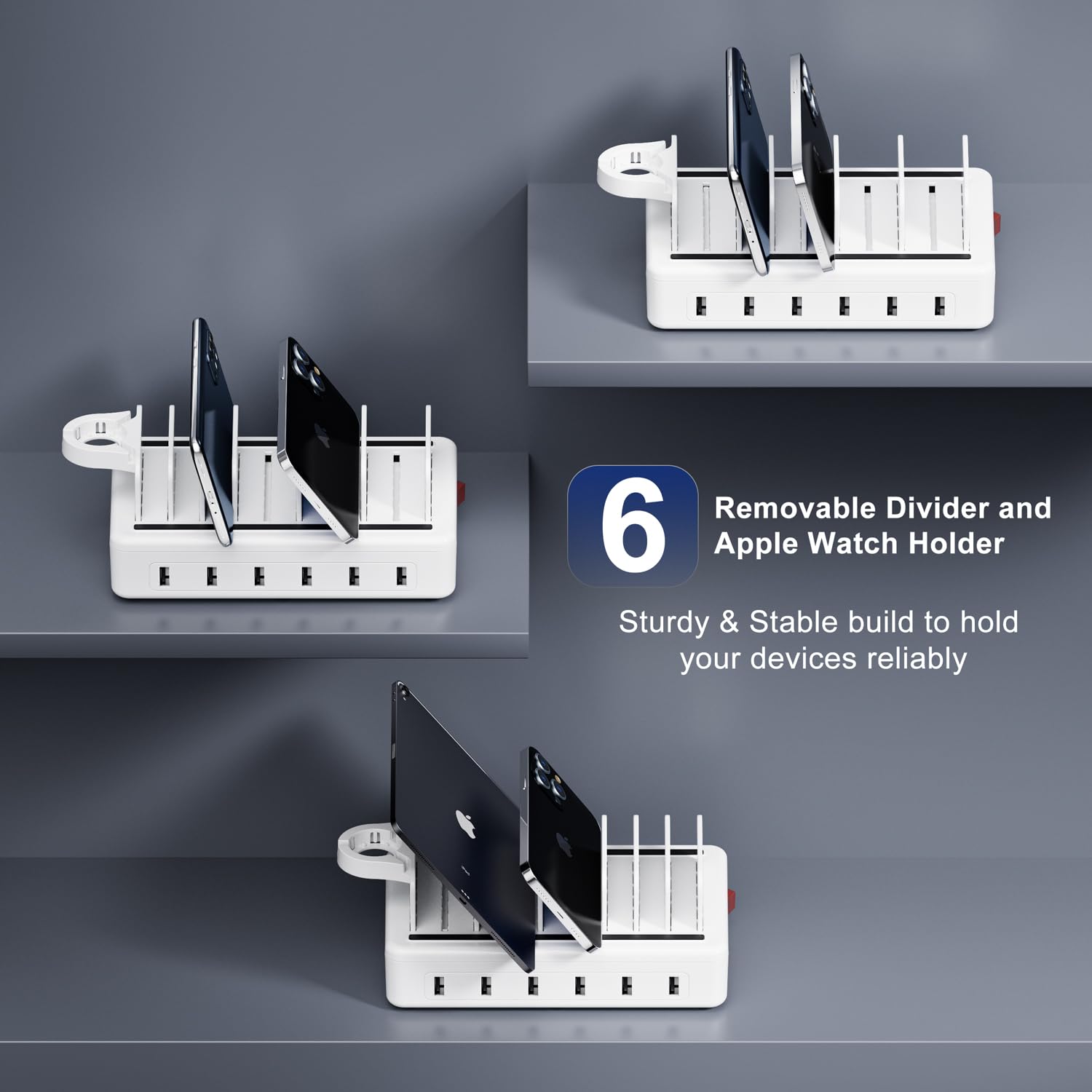 Honcila 6-Port 50W Fast Charging Station with 6 Mixed Cables - Universal USB Charger Dock for iPhone, iPad, Kindle, Tablet & Smartphones | Perfect for Home, Office & Travel Multi-Device Charging