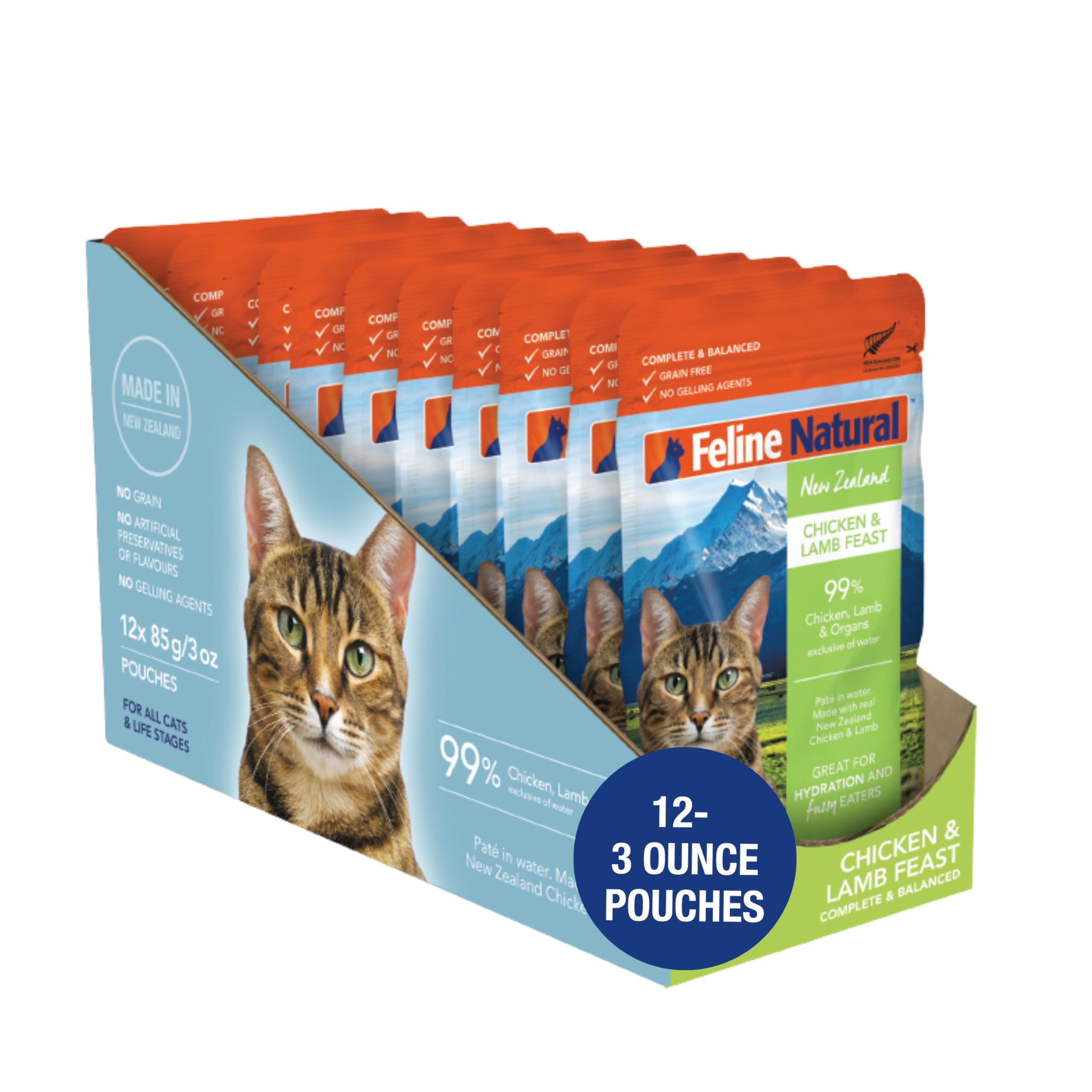 Feline Natural Grain-Free Wet Cat Food Pate - Chicken & Lamb Feast in 3oz Single Serve Pouches (Pack of 12) | Made in New Zealand with Cage-Free Chicken & Grass-Fed Lamb | Perfect for Adult Cats & Kittens at Mealtime or as a Tasty Topper