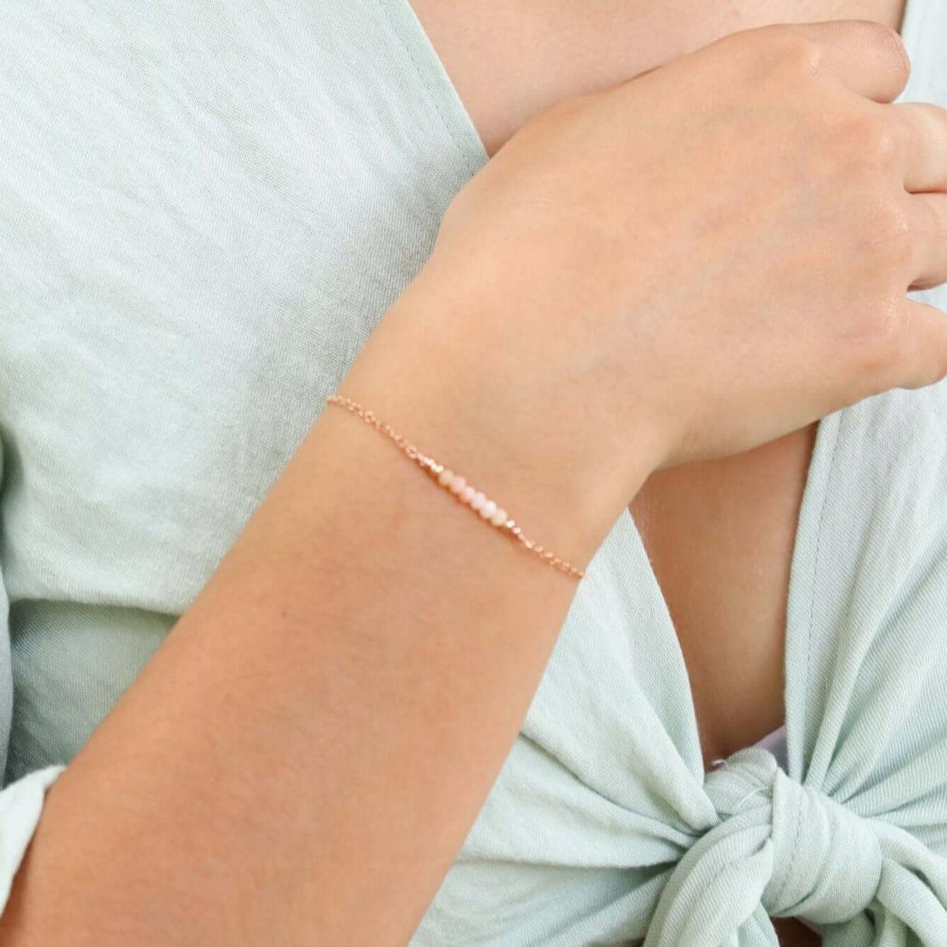 Sparkling Pink Peruvian Opal Gemstone Faceted Bead Bar Bracelet for Women - Handmade Adjustable Stretch Jewelry for Boho Fashion & Gift Giving