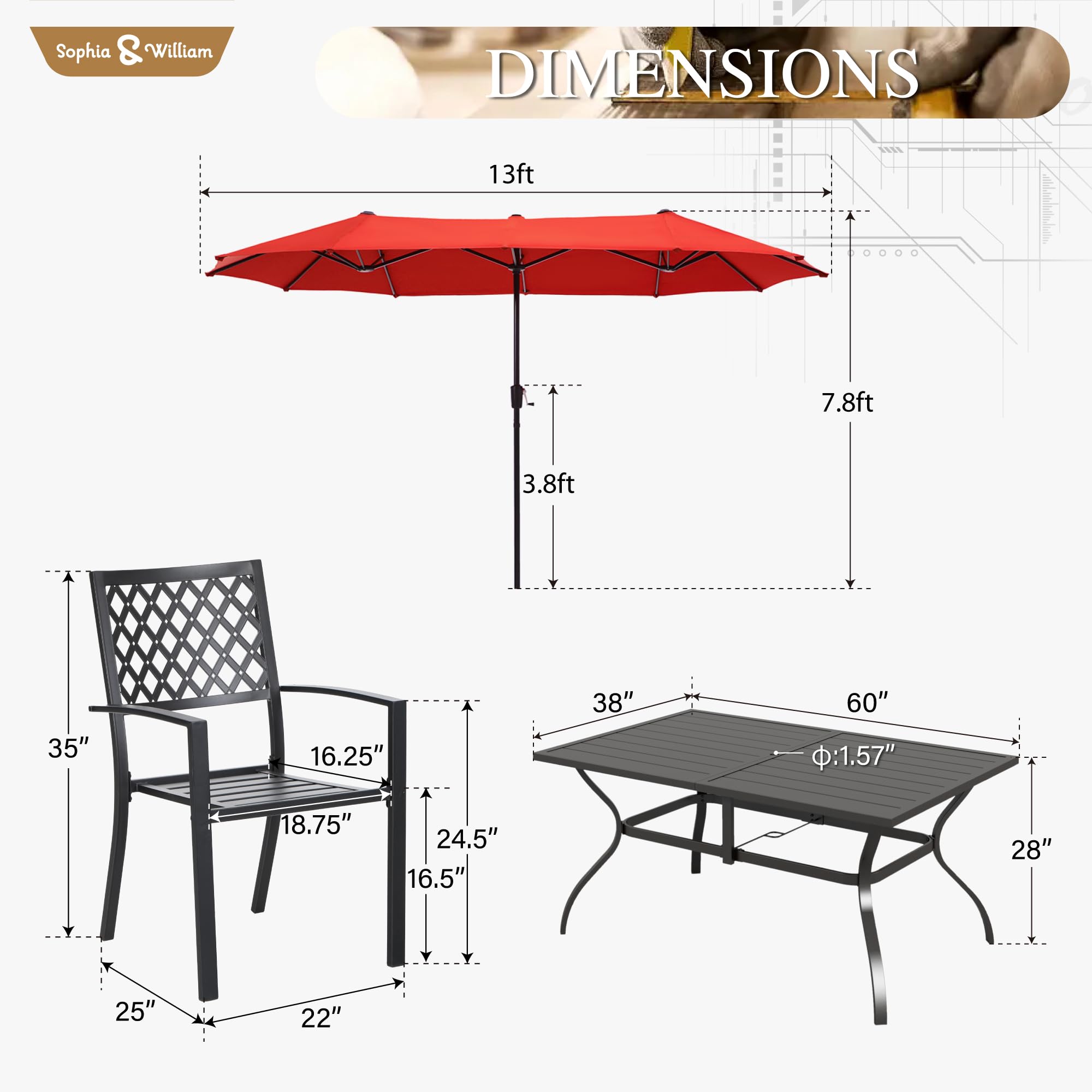 Sophia & William 8-Piece Metal Outdoor Dining Set with 6 Chairs, Rectangular Table & 13ft Double-Sided Patio Umbrella - Orange Red - Perfect for Backyard BBQs, Poolside Gatherings & Garden Parties