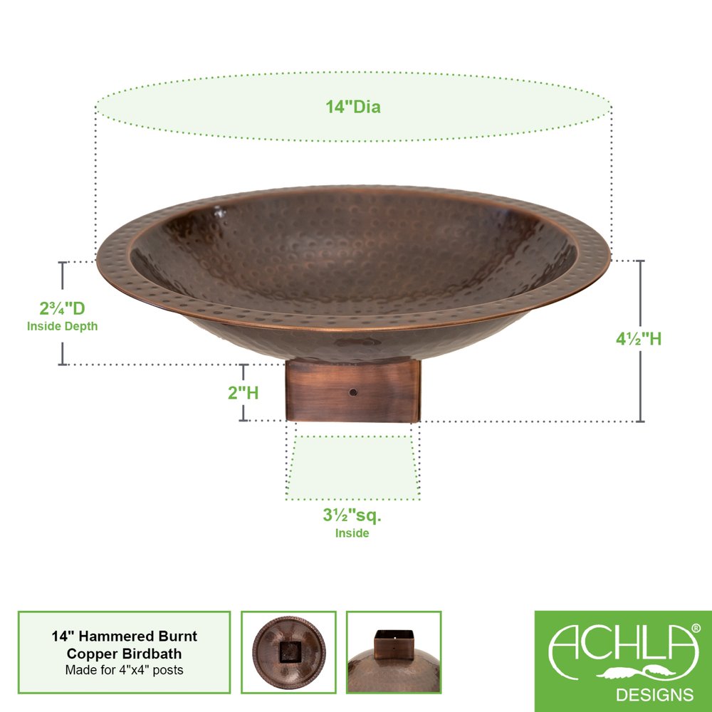 Achla Designs Hammered Copper Birdbath for 4x4 Post - Outdoor Garden Decor for Birds & Wildlife - Perfect for Backyard, Patio, and Garden Decorations