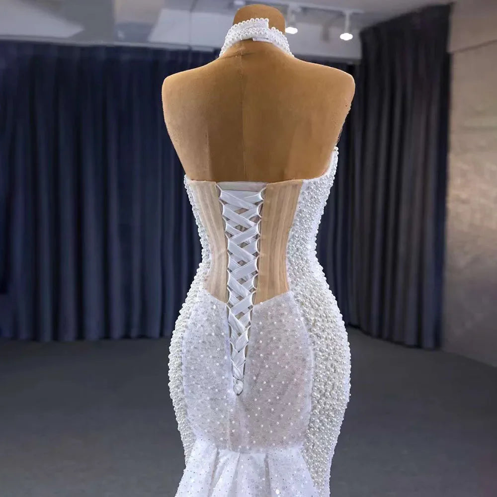 Serene Hill White Champagne Mermaid Wedding Dress with Lace-Up Back & Pearl Beading - Luxury Custom Bridal Gown 2025 (HM231033) | Perfect for Beach Weddings, Formal Ceremonies & Red Carpet Events
