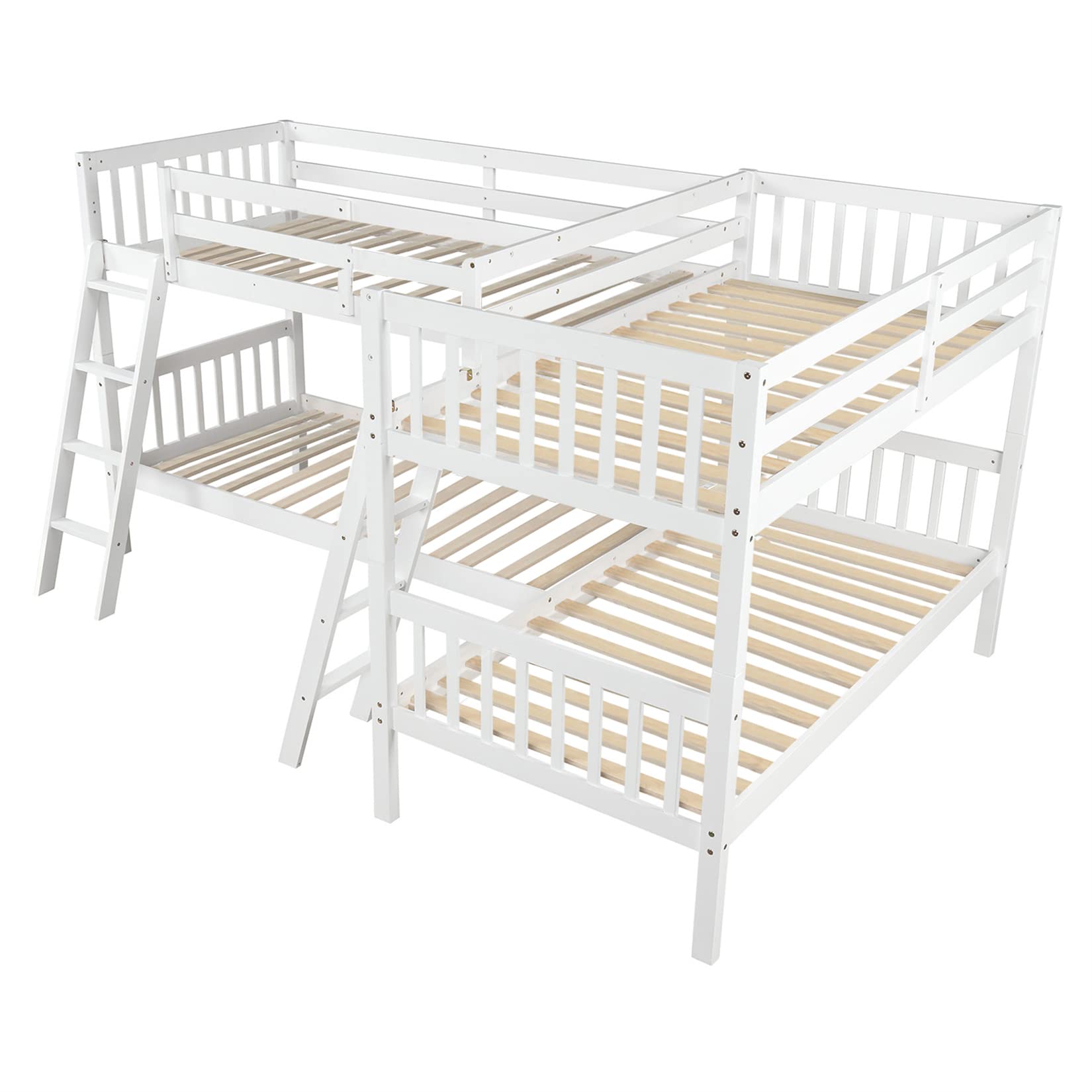 Twin Over Twin L-Shaped Wooden Quad Bunk Bed for 4 Kids - Space Saving Bunk Bed for Boys, Girls & Teens - White - Perfect for Kids' Bedrooms, Dormitories & Vacation Homes
