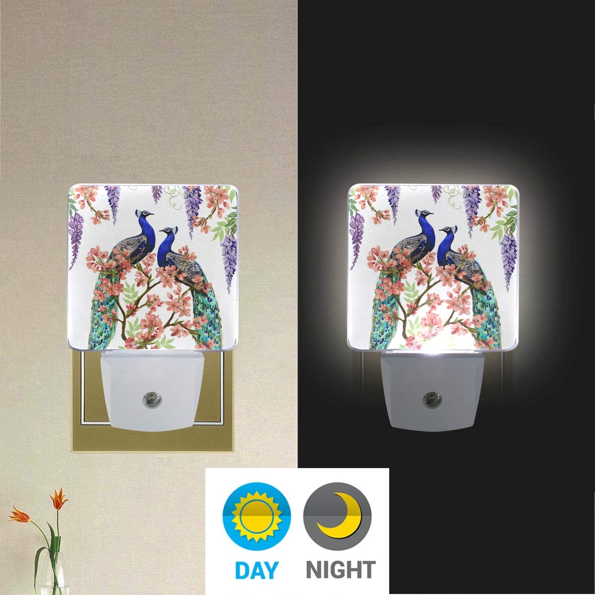 Vikko 2 Pack LED Floral Wisteria Cherry Blossom Night Light with Peacock Design - Dusk to Dawn Sensor Plug-in Nightlight for Bedroom, Living Room, Hallway - Perfect for Kids & Adults Home Decor (Ideal for Nursery, Bathroom, Staircase Safety Lighting)