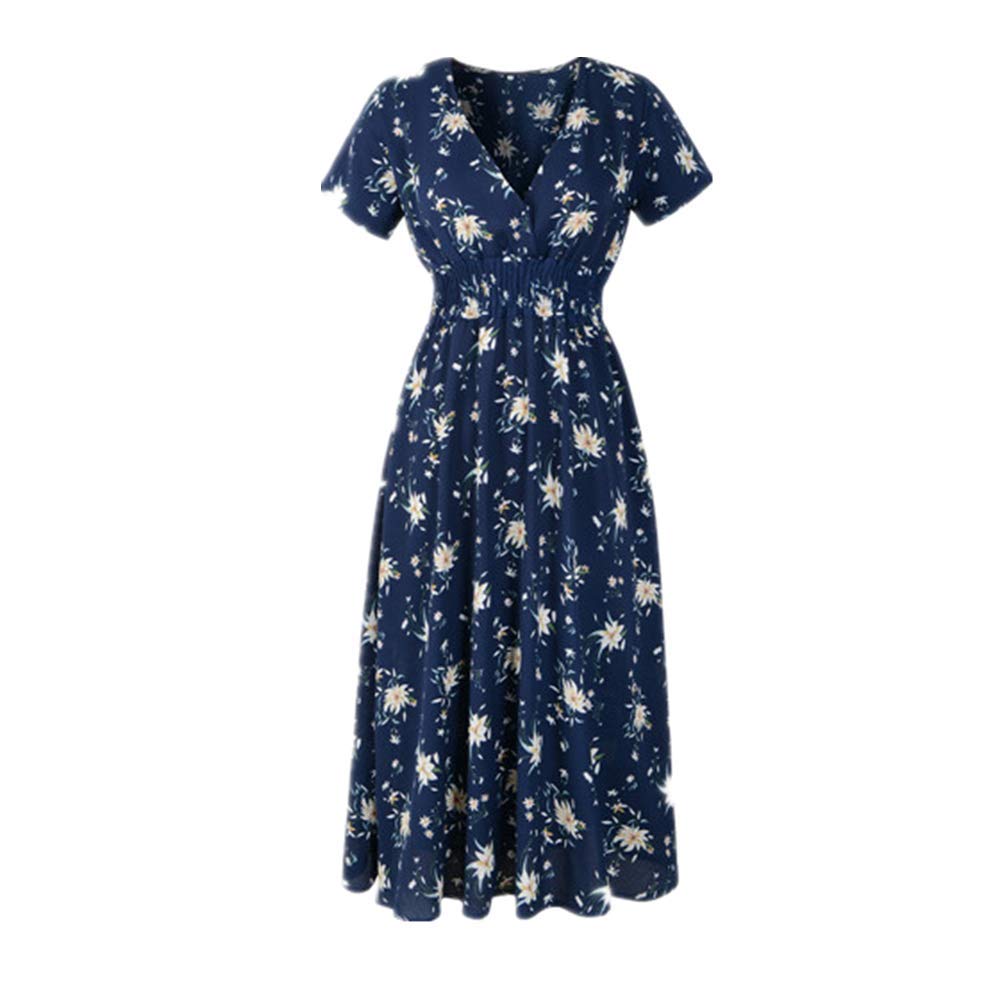 Women's Floral Print Vintage Chiffon Midi Dress - Elastic Waist Casual Summer Beach Dress for Women | Perfect for Vacations, Parties & Outdoor Events