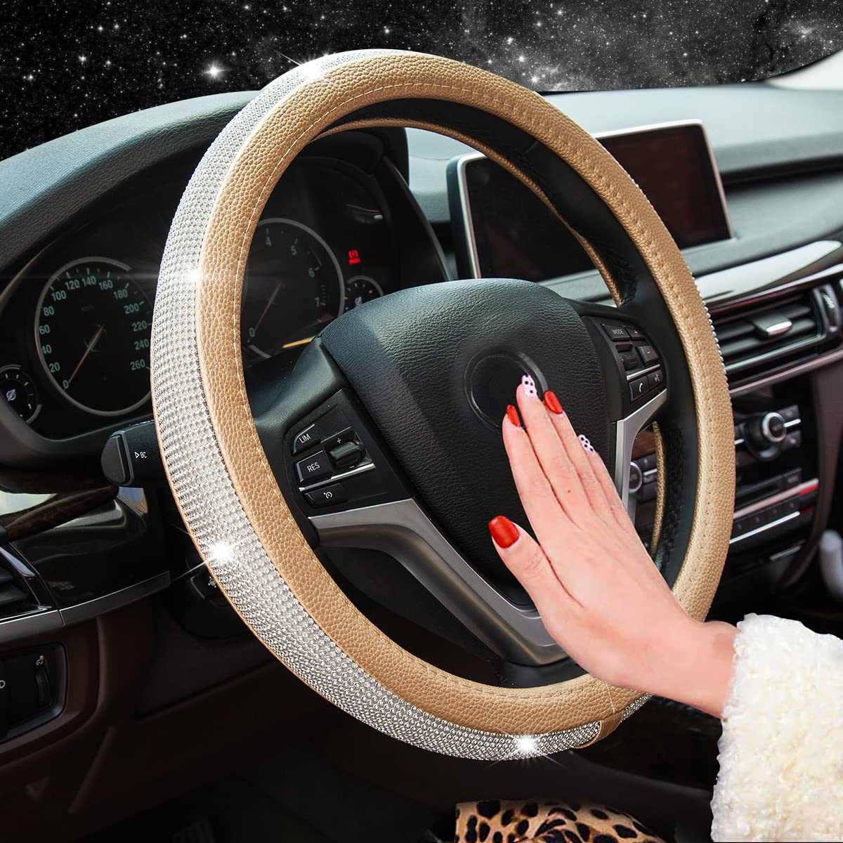 Diamond Rhinestone Leather Steering Wheel Cover - Universal 15 Inch Fit for Cars, SUVs & Trucks - Bling Crystal Design for Women & Girls (Gold) - Perfect for Luxury Cars, Gifts & Special Occasions