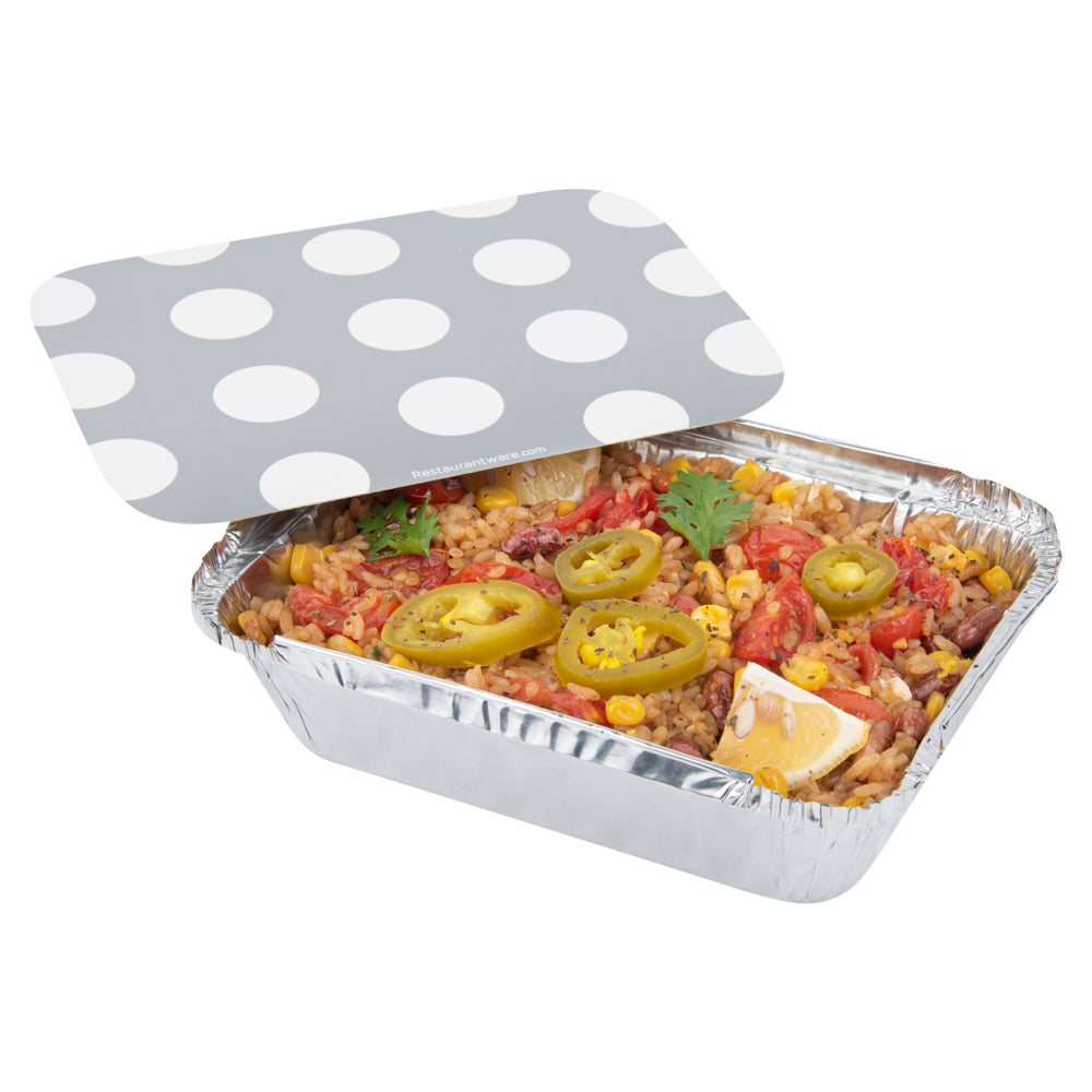 16 oz Rectangle Silver Aluminum Take Out Containers with Polka Dot Paper Lids - 7.25