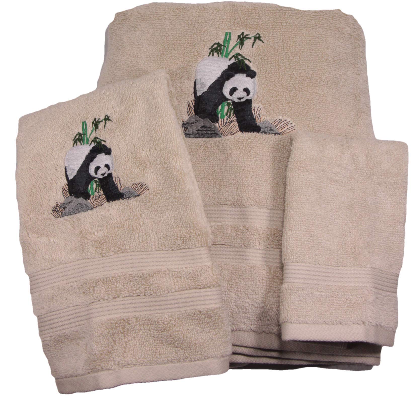 Soft & Absorbent Panda Bear Embroidered Bath Towel Set - 100% Cotton, Beige - Perfect for Spa, Bathroom Decor & Cozy Home Use