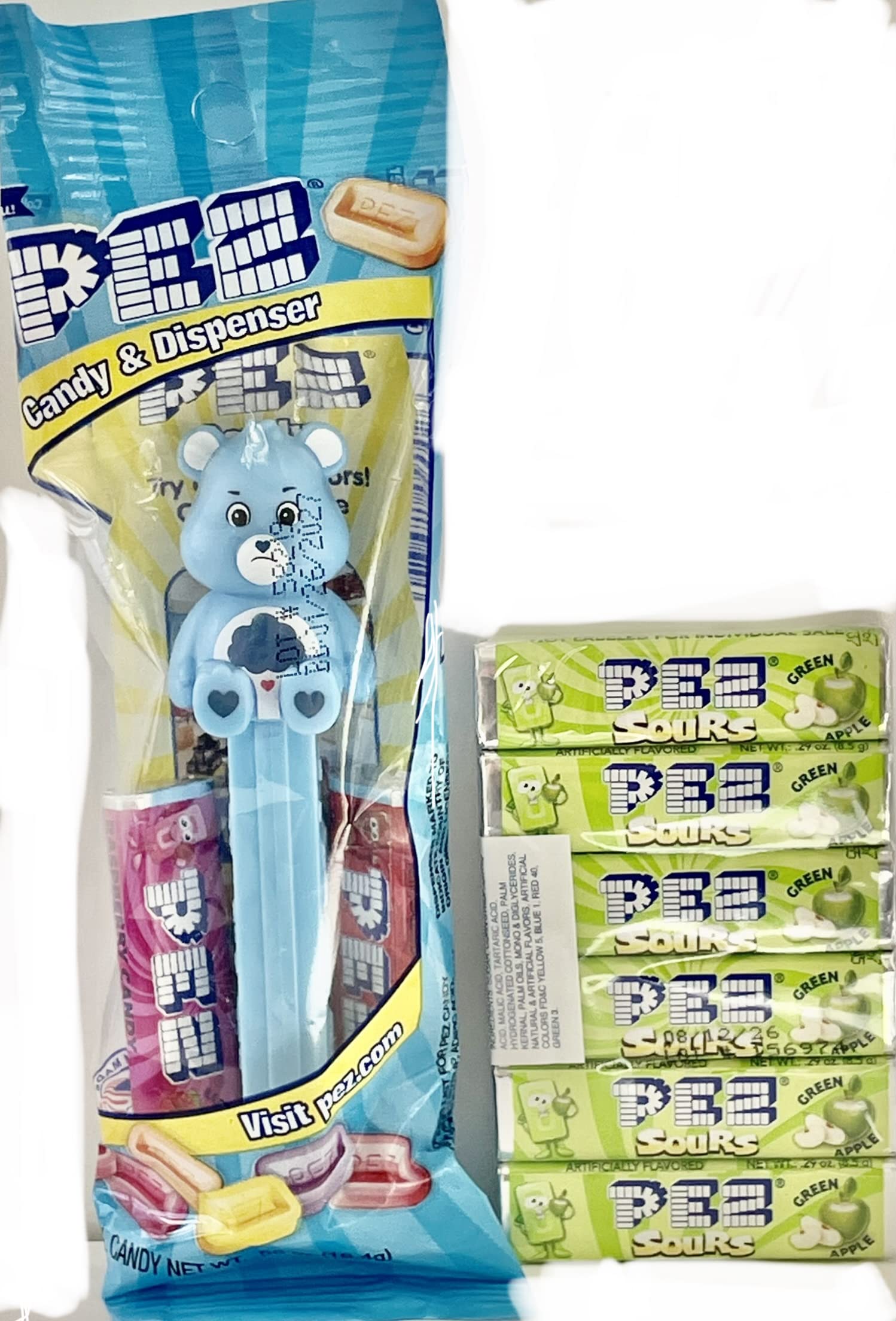 Pez Candy Care Bears Grumpy Bear Pez Dispenser with 2 Candy Rolls + 6-Pack Sour Green Apple Refills - Fun Collectible Toy & Candy for Parties, Gifts, and Nostalgic Treats