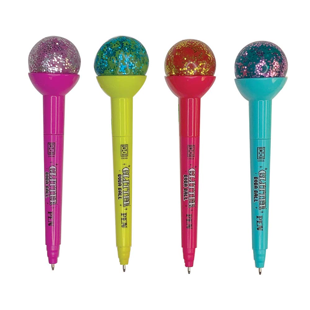 Raymond Geddes Glitter Boba Squishy Top Pens - Pack of 12 Colorful Fun Writing Pens for School, Office & Note Taking - Perfect Stress Relief Fidget Toy for Kids & Adults