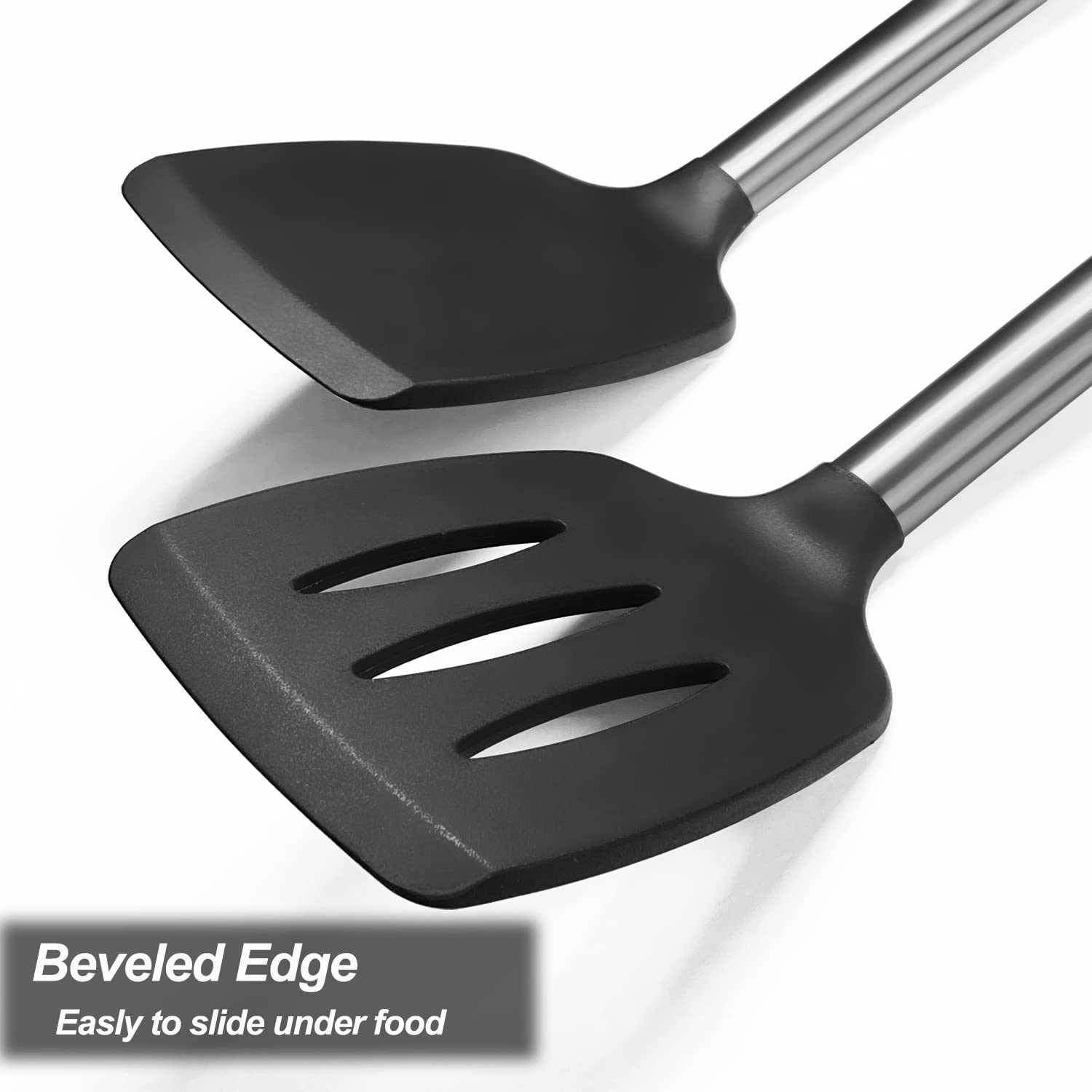 2-Pack Silicone Spatula Set - Solid & Slotted Stainless Steel Handle Non-Stick Turner - Heat Resistant Rubber Spatulas for Cooking, Baking, Flipping Fish, Eggs & Pancakes - Perfect for Woks, Frying Pans & Kitchen Utensils
