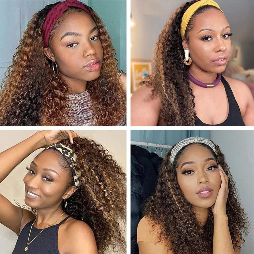 WENYAN Ombre Headband Wig - 26 Inch Deep Wave Human Hair Wig for Black Women | #4/27 Highlight Curly Glueless Lace-Free Brazilian Virgin Hair | 150% Density Machine Made | Perfect for Daily Wear, Parties & Protective Styling