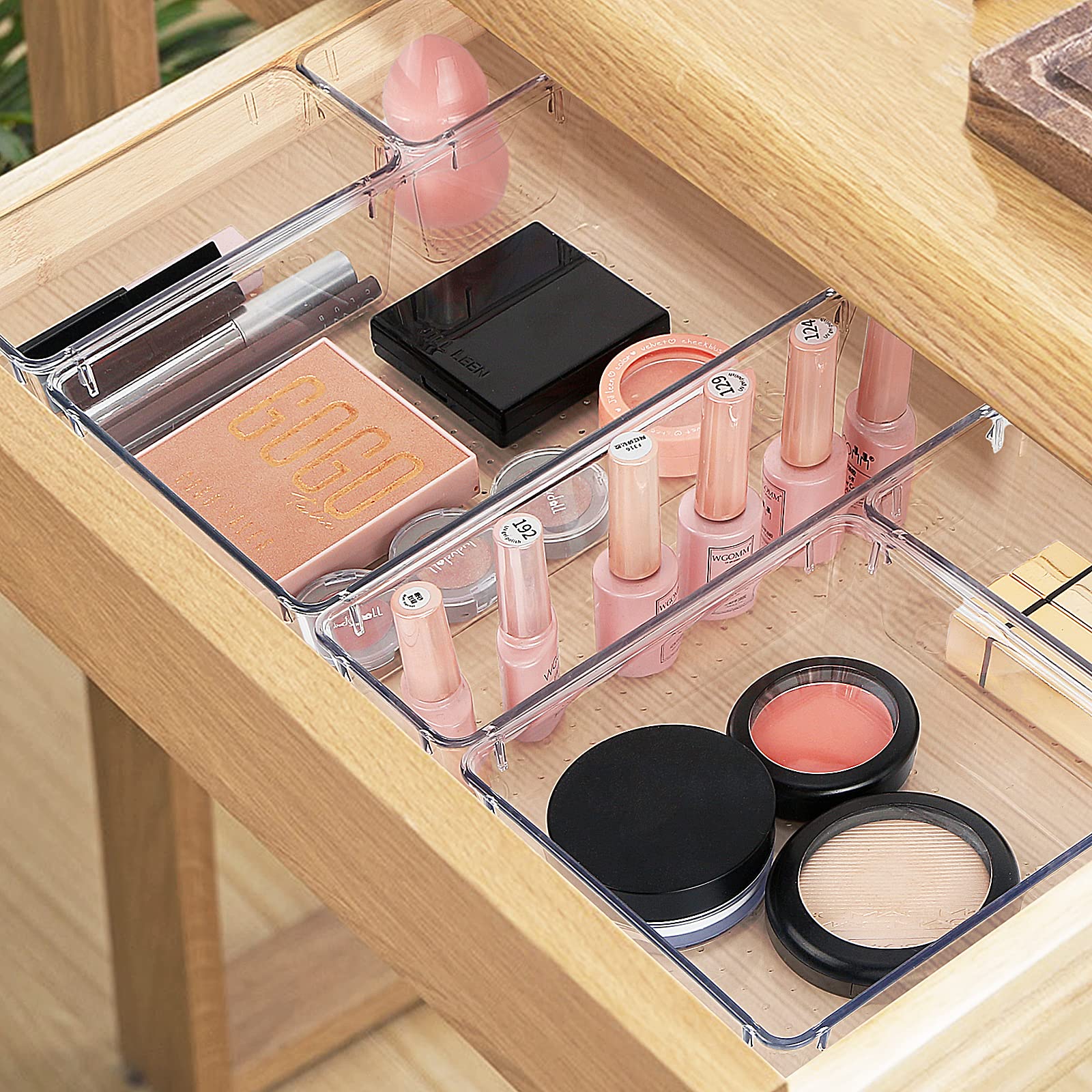 13-Piece Clear Drawer Organizer Set - 5 Sizes Bathroom & Kitchen Cabinet Storage Trays for Makeup, Jewelry, Utensils, Gadgets - Perfect for Home, Office, and Travel Organization