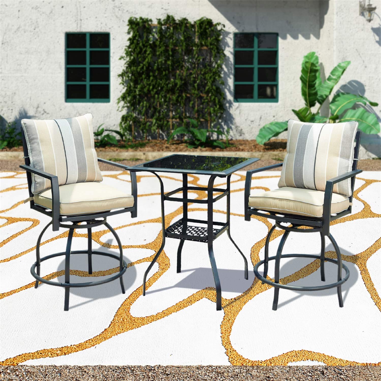 **3-Piece Outdoor Bistro Set - Swivel Bar Stools with Yard Armrests & Glass Top Table - All-Weather Steel Frame Patio Furniture for Backyard, Garden, or Poolside Dining**