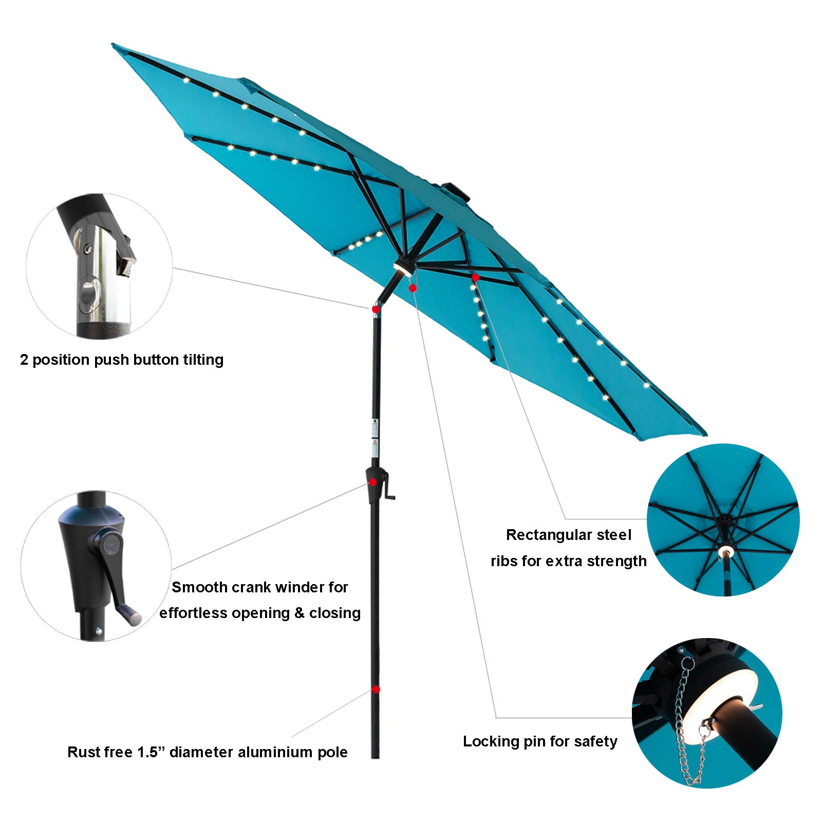 C-Hopetree 11 ft Solar LED Patio Umbrella with Tilt Function - Outdoor Market Table Umbrella for Garden, Poolside, and Restaurant Use