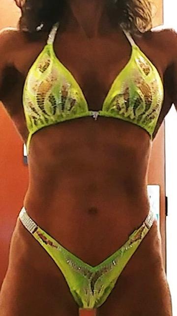 Figure Competition Suit - Physique Bikini with Rhinestone Design in Chartreuse Yellow & Green Flame | Perfect for Bodybuilding, Fitness & Bikini Contests