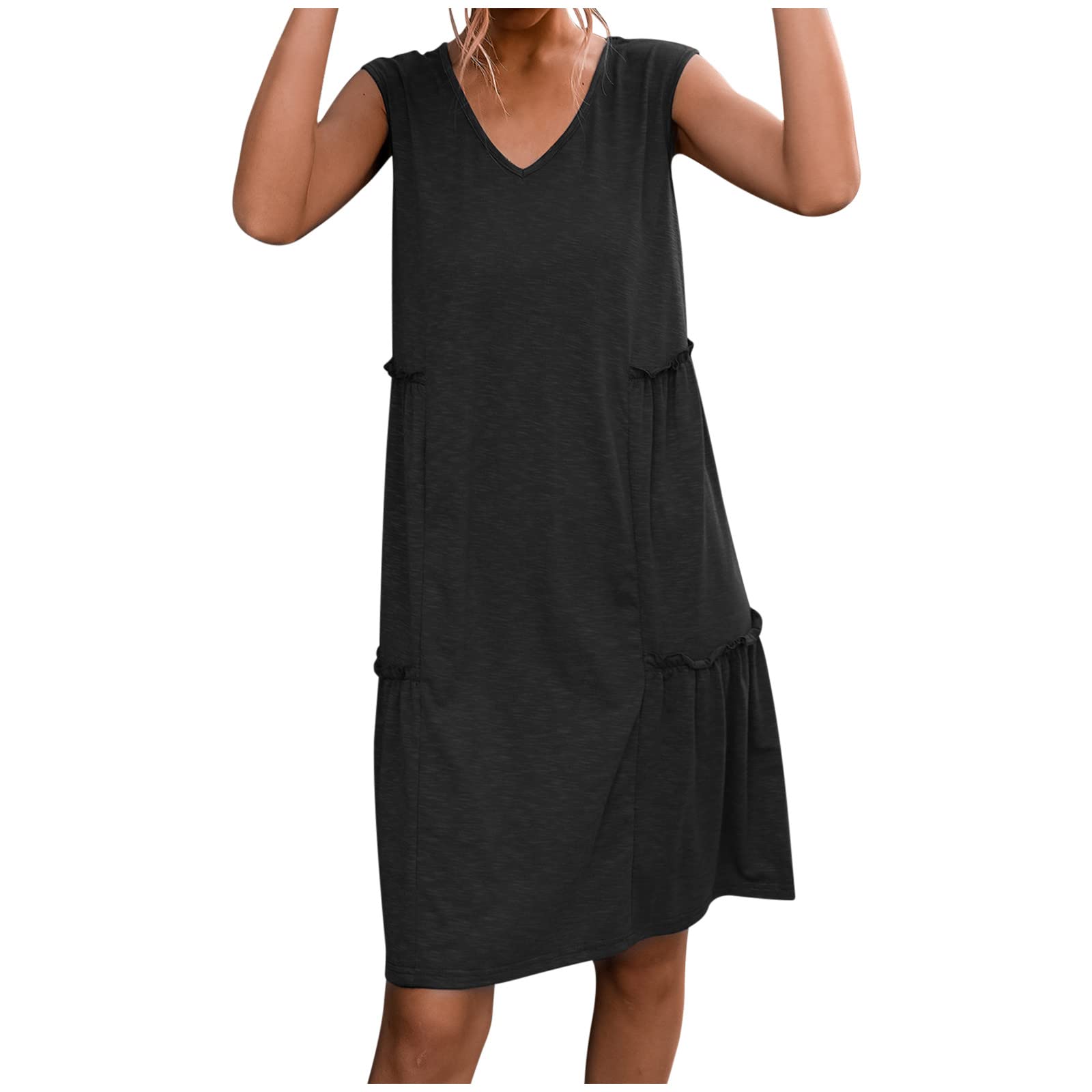 Women's Summer Beach Dresses 2023 - V-Neck Sleeveless Solid Color Knee-Length Midi Sundress for Casual Wear | Perfect for Vacations, Pool Parties & Outdoor Events