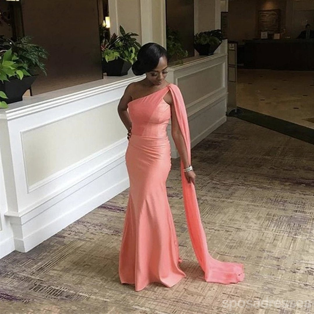 Elegant Bodycon Mermaid Peach One Shoulder Long Bridesmaid Dress Gown WG1046 - Perfect for Weddings, Prom, Evening Parties & Formal Events