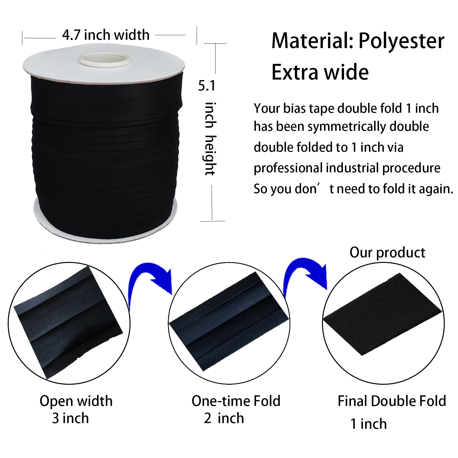 1 Inch Double Fold Bias Tape - 55 Yards Continuous Polyester Sewing Bias Binding for Quilting, Hemming & Apparel Crafts (Black, 25mm) - Perfect for DIY Garments, Home Decor & Fabric Projects