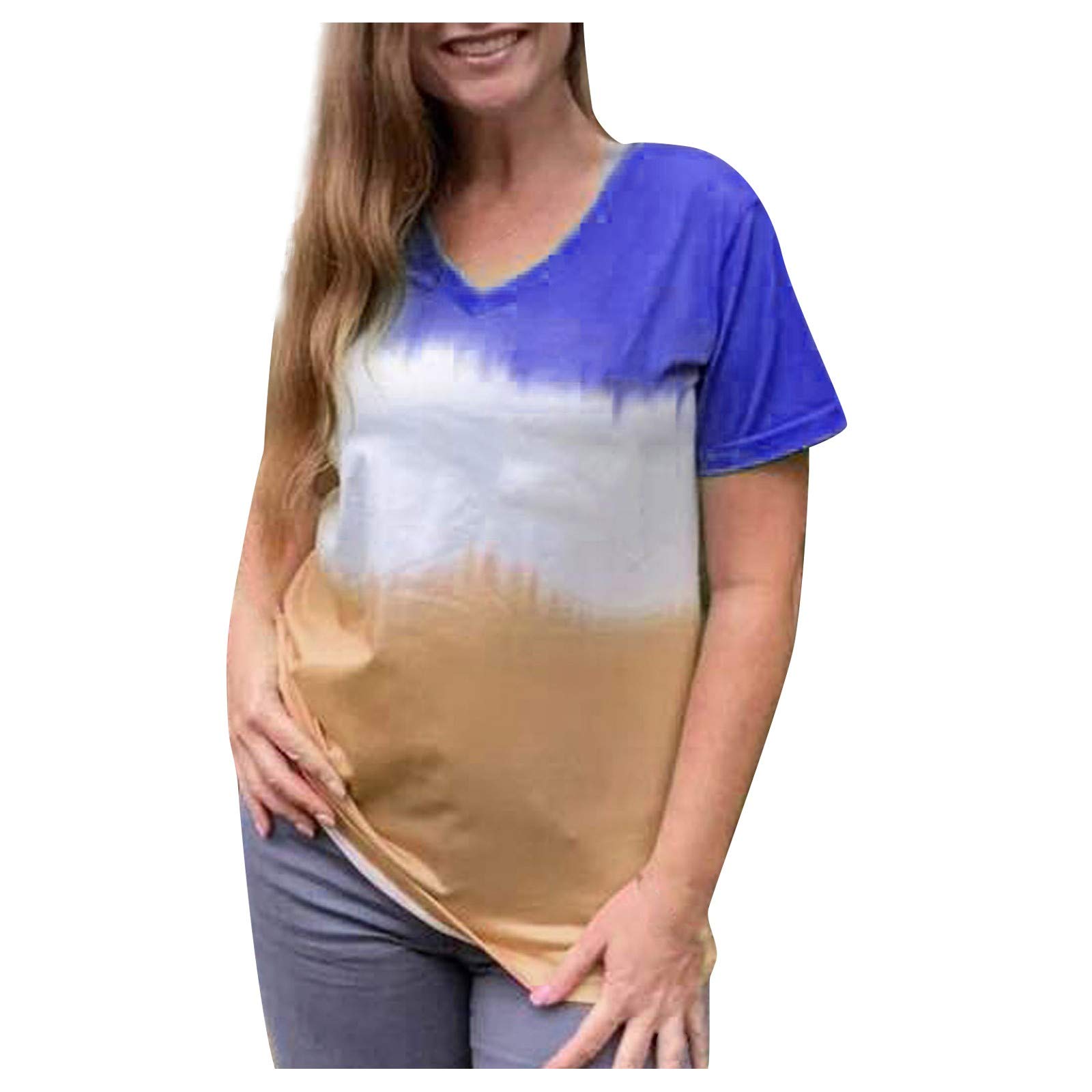 Colorful Tie-Dye Women's Blouse Tops with V-Neck and Short Sleeves - Stylish Printed Casual Shirt for Everyday Wear, Office, and Date Nights