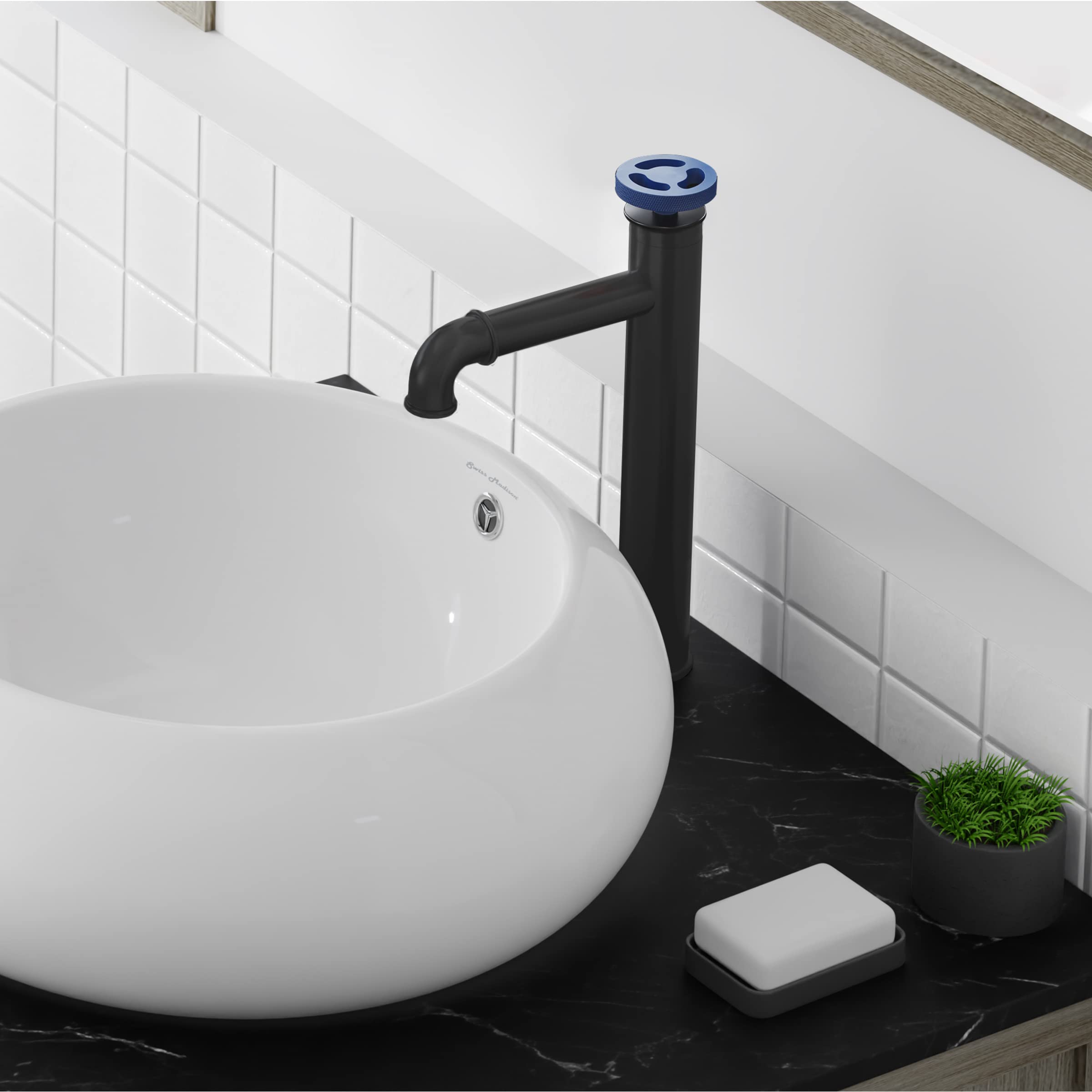 Avallon Matte Black Single Hole Single Handle High Arc Bathroom Sink Faucet with Blue Handles - Modern Waterfall Spout for Bathroom Vanity & Powder Room Upgrade