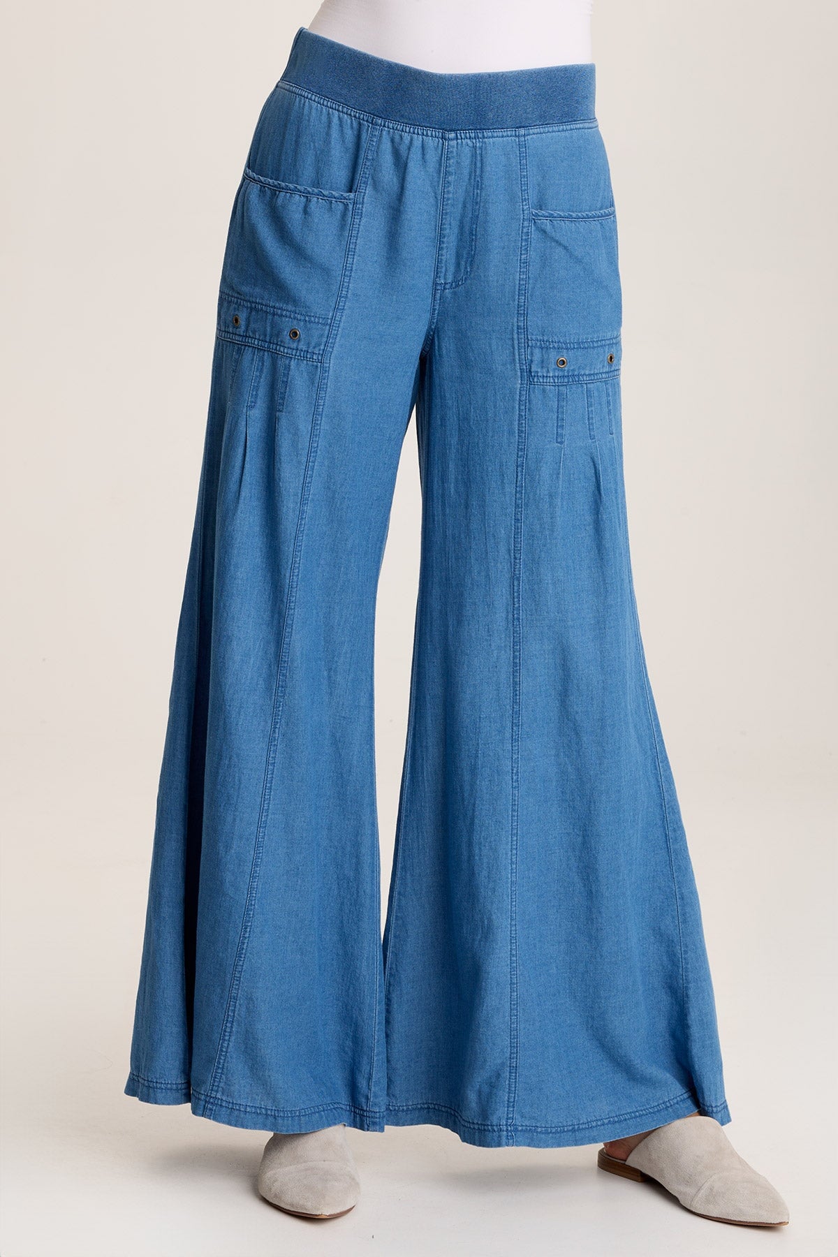 Florentine Mock Denim Wide Leg Pants for Women - High Waisted Stretch Comfort Pants - Casual Lounge, Work, and Travel Outfits