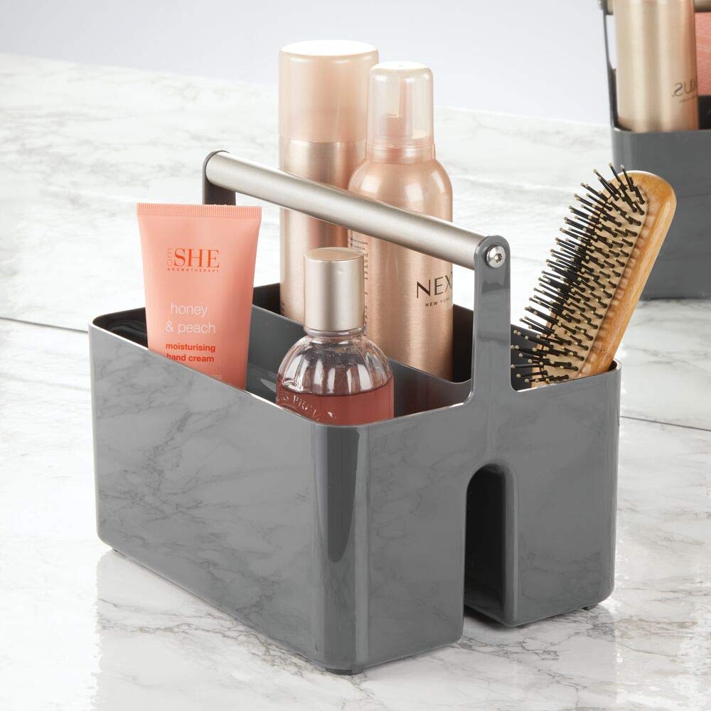 mDesign Plastic Shower Caddy Organizer with Metal Handle - Bathroom Storage Basket for Soap, Shampoo & Conditioner - Dorm & Kitchen Utility Tote - Aura Collection in Dark Gray/Matte Satin - Perfect for Small Space Organization & Bath Essentials Storage